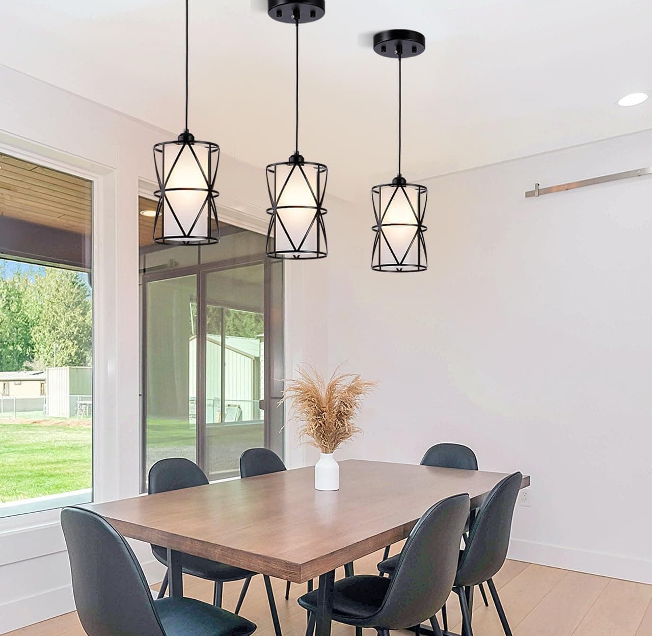 Alt View 2. FINEAK - Matte Black Modern Cylindrical Pendant Lights: Frosted Glass Kitchen Island & Foyer Hanging Fixtures - Black.