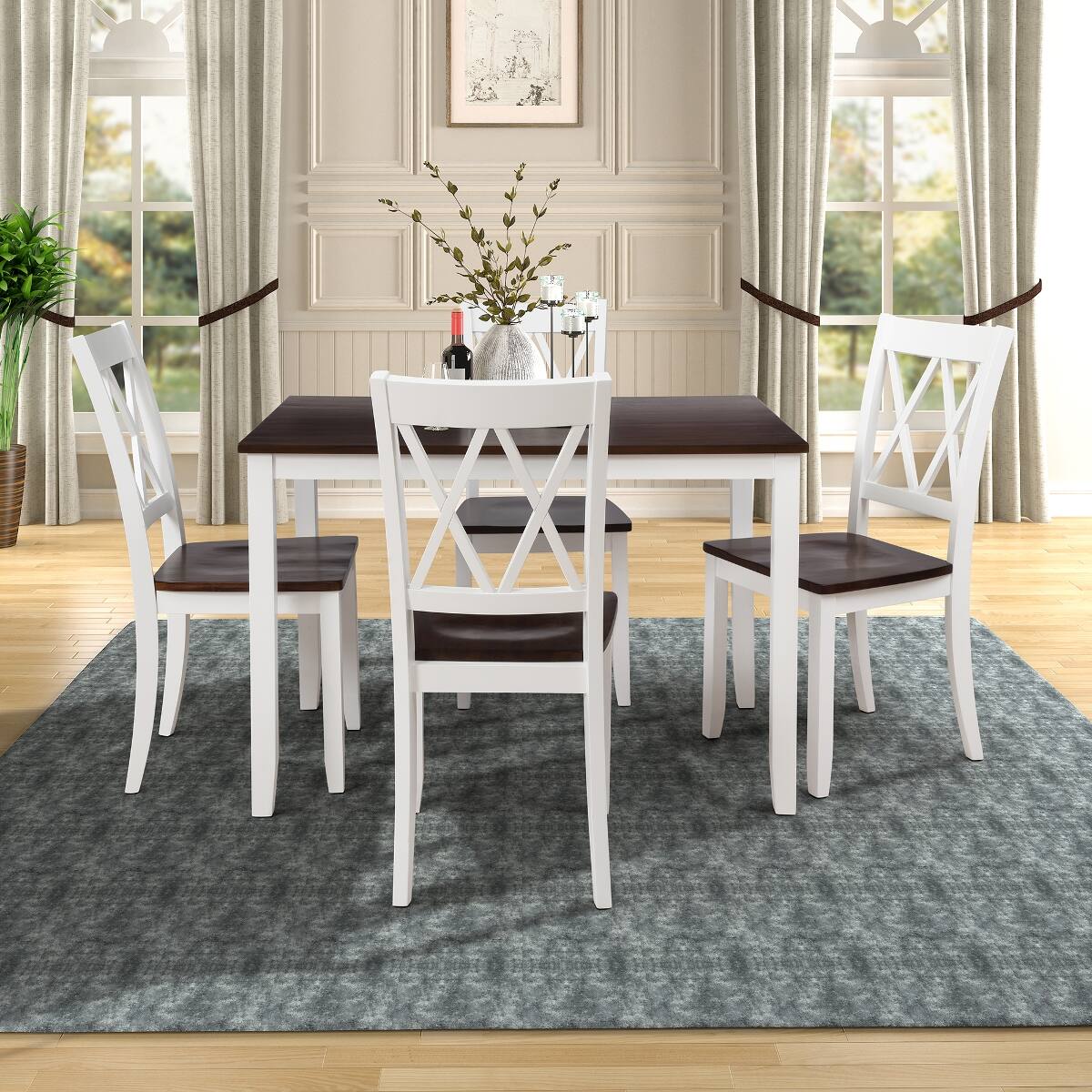 Angle. Loheer - Loheer 5 Piece Dining Table Set Espresso White Rectangular Wood Table with Four Chairs - Espresso top and white frame.
