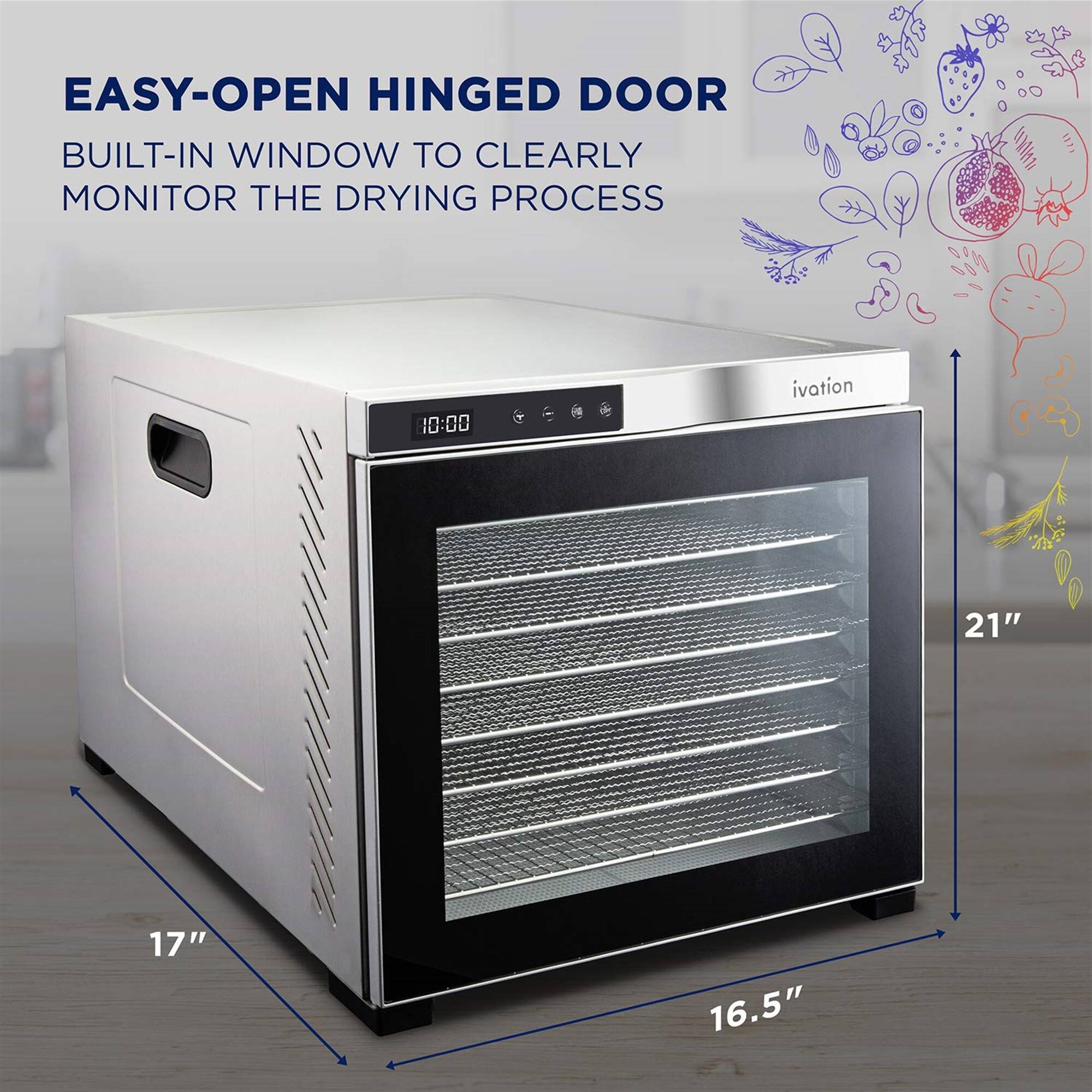 EASY-OPEN HINGED DOOR, BUILT-IN WINDOW TO CLEARLY MONITOR THE DRYING PROCESS, 10:00, ivation, 21", 17", 16.5"