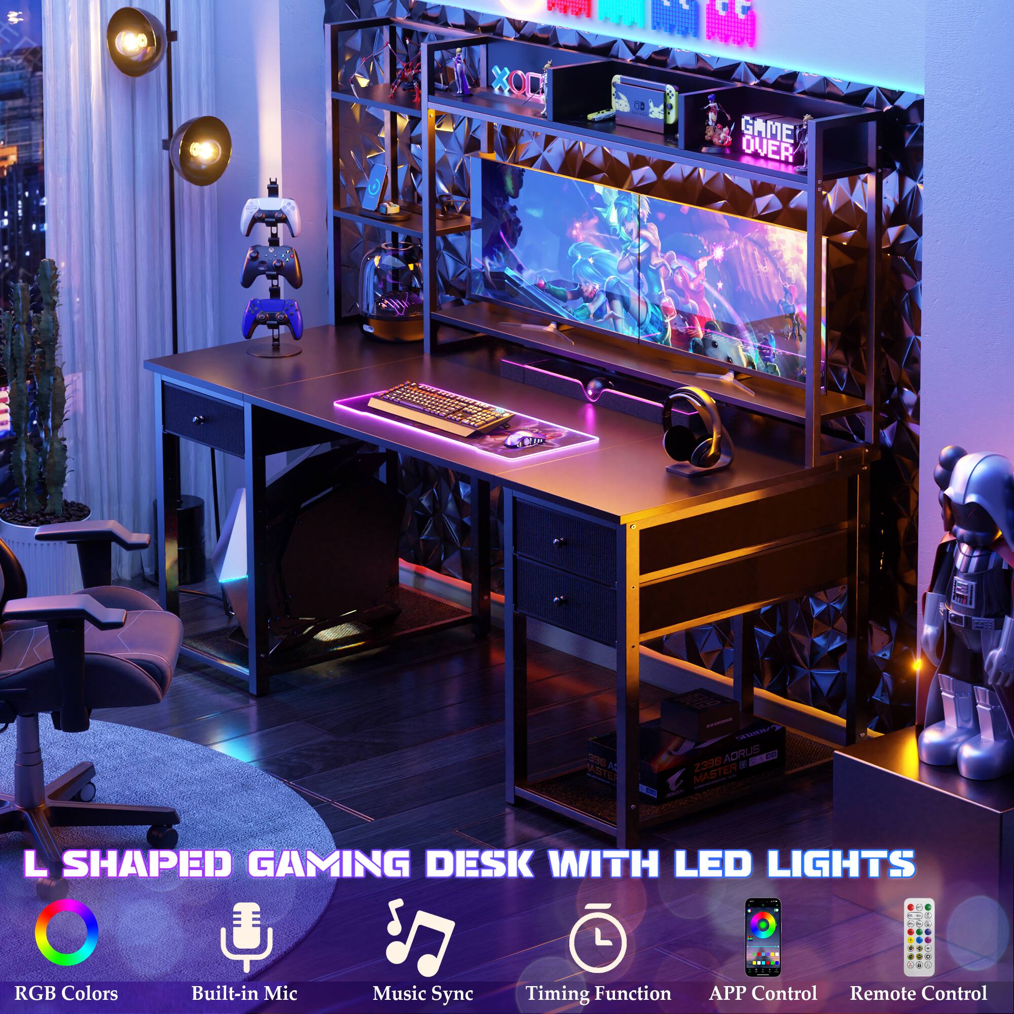 L SHAPED GAMING DESK WITH LED LIGHTS RGB Colors Built-in Mic Music Sync Timing Function APP Control Remote Control