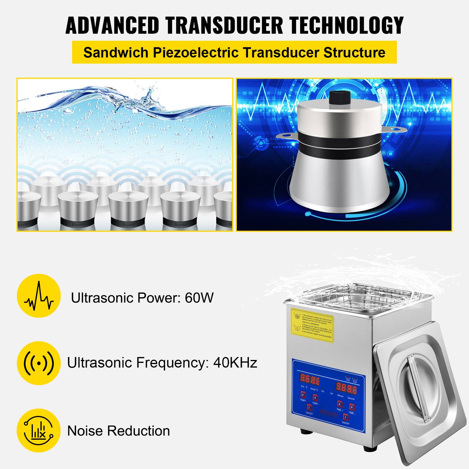 ADVANCED TRANSDUCER TECHNOLOGY  
Sandwich Piezoelectric Transducer Structure  

- Ultrasonic Power: 60W  
- Ultrasonic Frequency: 40kHz  
- Noise Reduction