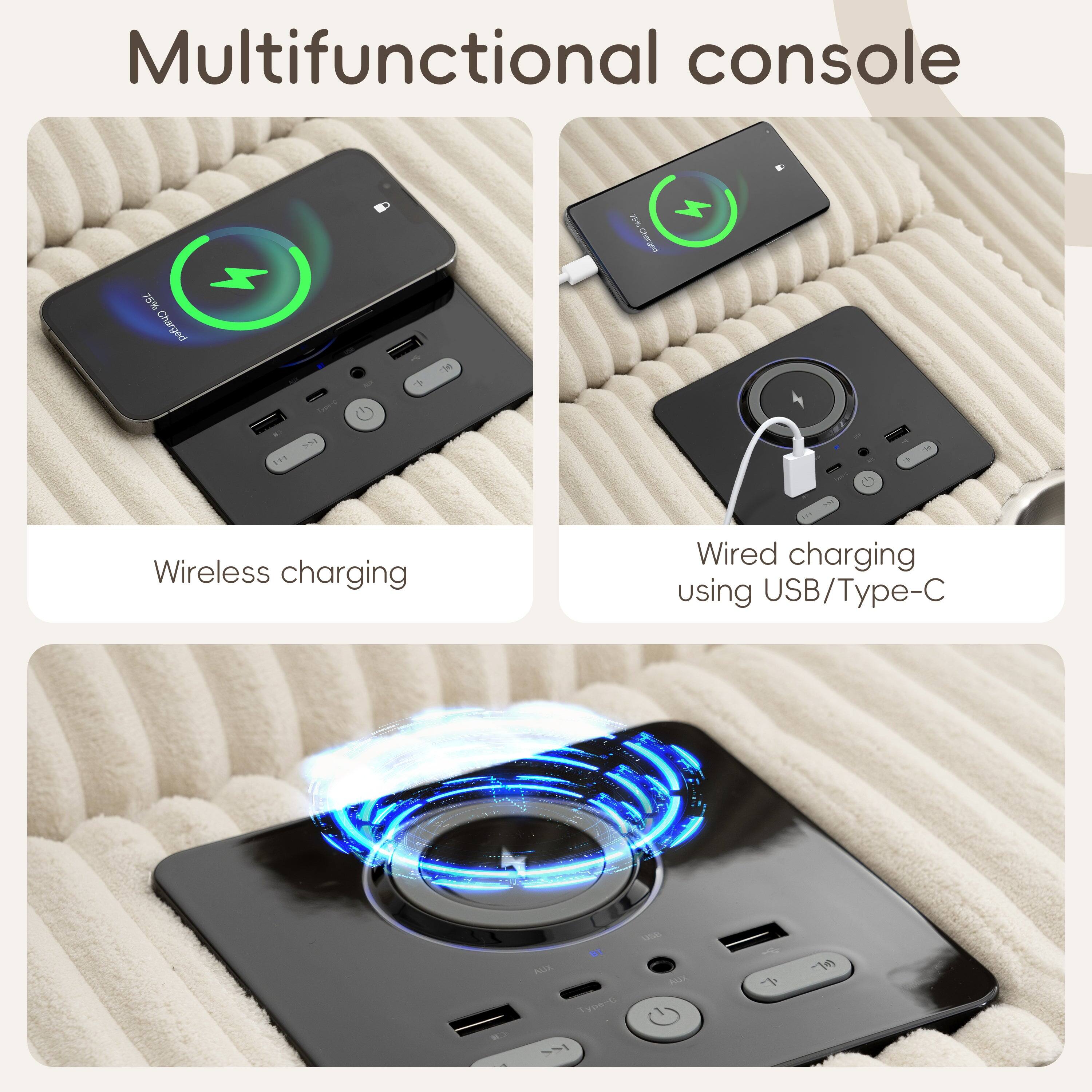 Multifunctional console

Wireless charging

Wired charging using USB/Type-C