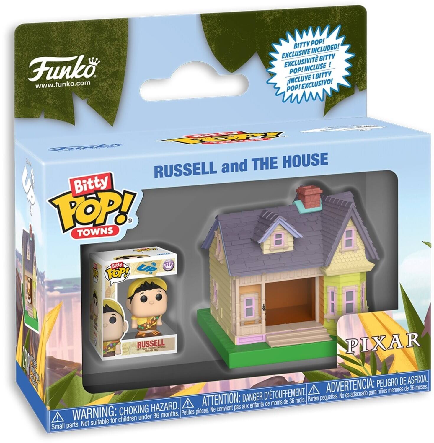 Funko www.funko.com
BITTY POP! EXCLUSIVE INCLUDED! EXCLUSIVIT BITTY INCLUSE I POP! I BITTY INCLUVE EXCLUSIVO! POP! Y TR and THE HOUSE RUSSELL UP
Bitty POP! TOWNS
PIXAR
PELIGRO DE ASFIXIA, D'TOUFFEMENT, ADVERTENCIA: para nios menores de 36 meses.
DANGER pequeas. No GS adecuado ATTENTION: de 36 mois. Partes enfants de moins HAZARD. convient pas aux CHOKING Petites pieces. Ne ! WARNING: for children under 36 months. parts. Not suitable Small