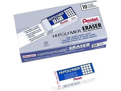 Sure, here is the corrected and grouped text:

**Front of the Box:**
- Pentel
- HI-POLYMER ERASER
- Non-Abrasive Eraser
- High quality plastic eraser
- Gomme plastique de haute qualité
- Borrador plástico de calidad superior
- 10 Erasers / 10 Gommes / 10 Borradores

**Side of the Box:**
- Pentel
- HI-POLYMER ERASER
- Non-Abrasive Eraser
- High quality plastic eraser
- Gomme plastique de haute qualité
- Borrador plástico de calidad superior

**Back of the Box:**
- Pentel
- HI-POLYMER ERASER
- Non-Abrasive Eraser
- High quality plastic eraser
- Gomme plastique de haute qualité
- Borrador plástico de calidad superior
- AP Certified
- 10 Erasers / 10 Gommes / 10 Borradores

**Bottom of the Box:**
- Pentel
- HI-POLYMER ERASER
- Non-Abrasive Eraser
