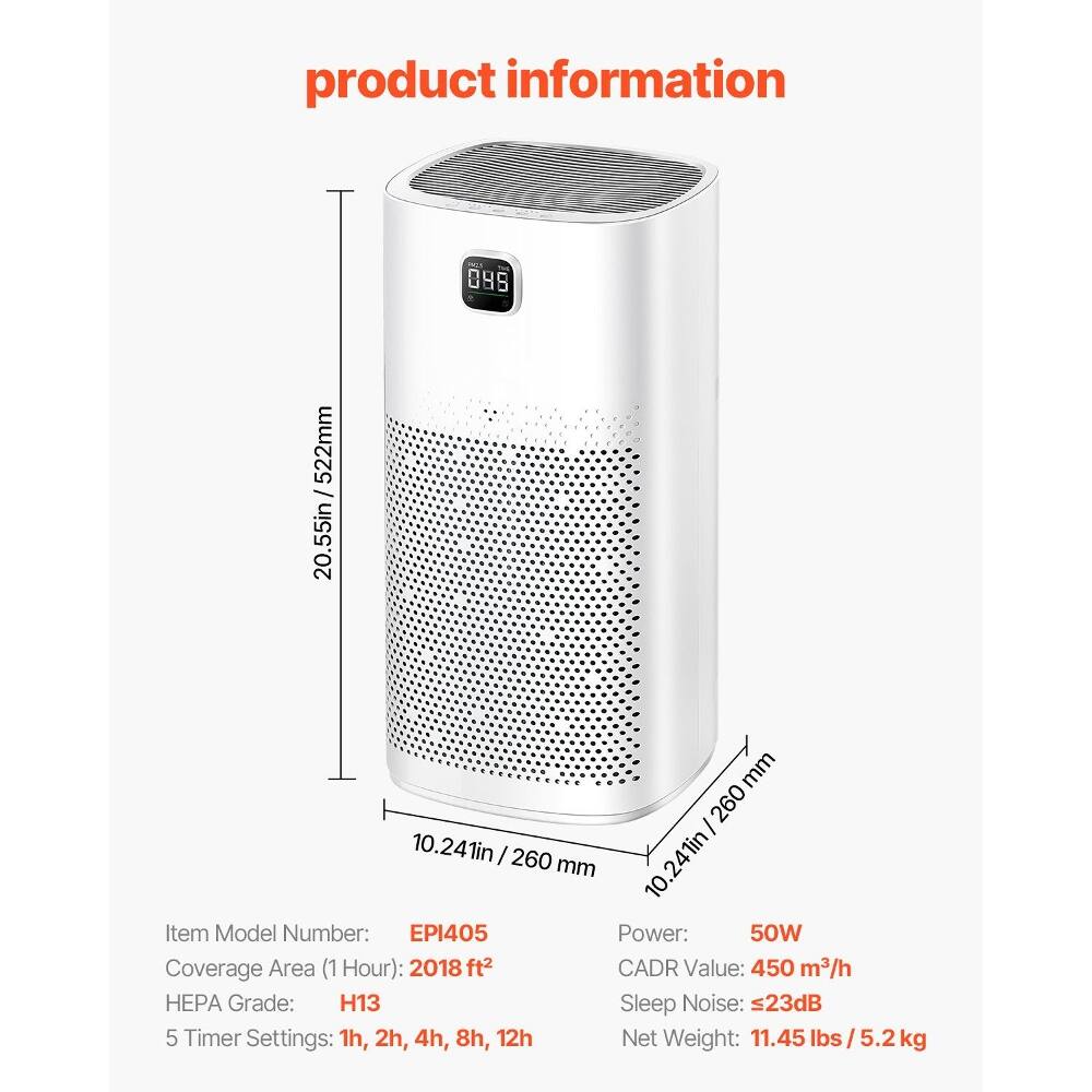 product information

20.55in / 522mm  
10.241in / 260mm  
10.241in / 260mm

Item Model Number: EPI405  
Power: 50W  
Coverage Area (1 Hour): 2018 ft²  
CADR Value: 450 m³/h  
HEPA Grade: H13  
Sleep Noise: ≤23dB  
5 Timer Settings: 1h, 2h, 4h, 8h, 12h  
Net Weight: 11.45 lbs / 5.2 kg