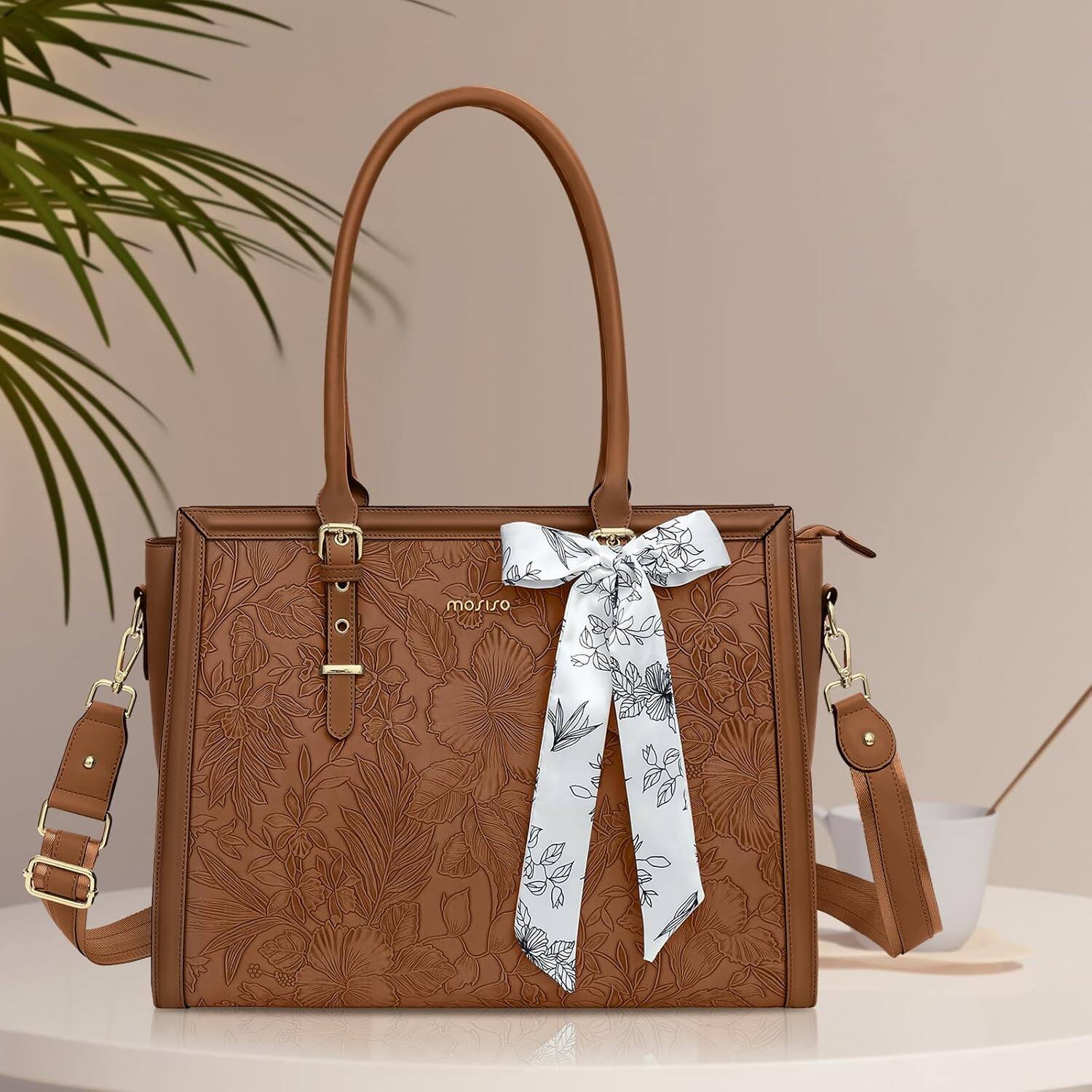 Left. mosiso - Laptop Bag for Women 15-15.6 inch PU Leather Tote Bag Work Briefcase Computer Bags - Brown.