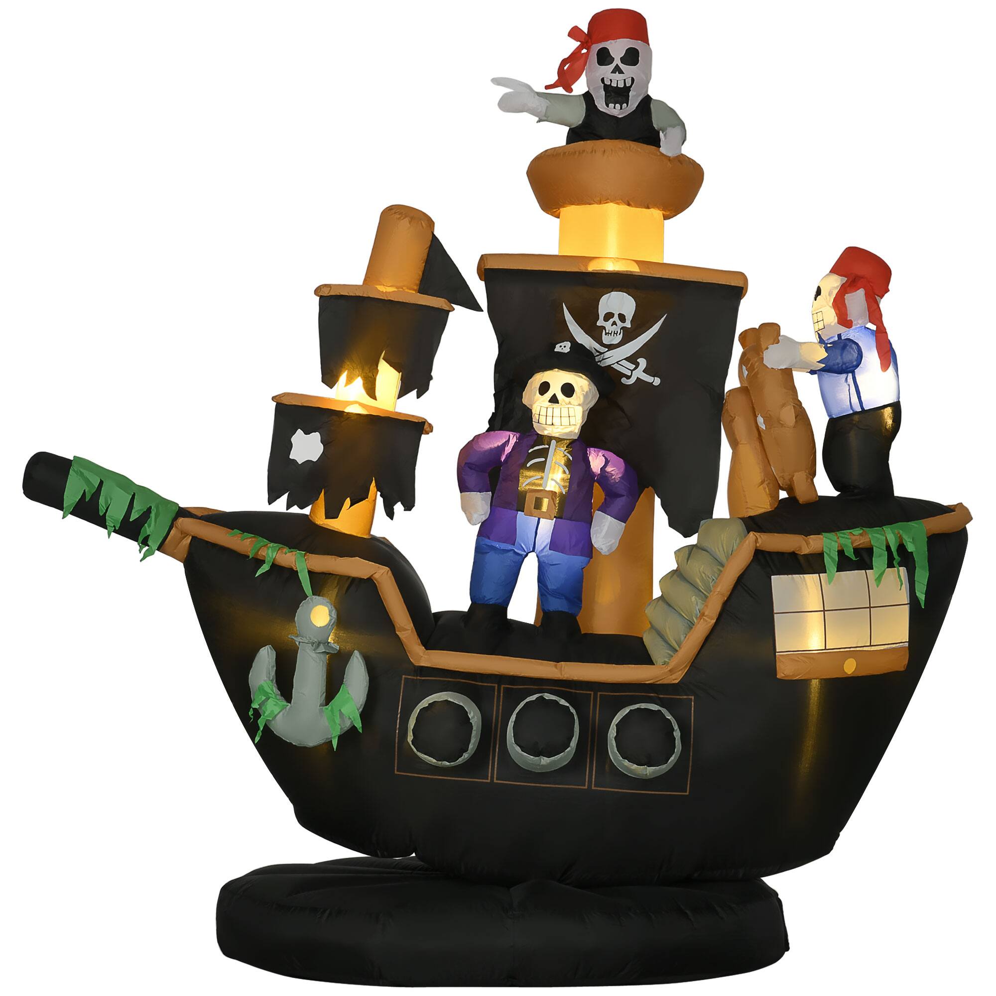 Front. Homcom - 7ft Halloween Inflatables, Skeleton Pirate Ship, Outdoor Blow Up Yard Decoration with Build-in LED - Black.
