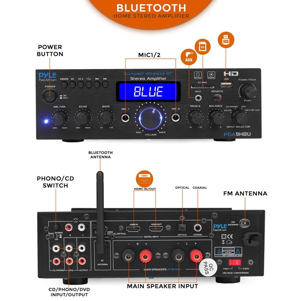 **BLUETOOTH HOME STEREO AMPLIFIER**
- **POWER BUTTON**
- **MIC1/2**
- **AUX**
- **USB**
- **SD**
- **HDMI IN/OUT**
- **OPTICAL COAXIAL**
- **FM ANTENNA**
- **PHONO/CD SWITCH**
- **CD/PHONO/DVD INPUT/OUTPUT**
- **MAIN SPEAKER INPUT**
- **BLUETOOTH ANTENNA**
- **REMOTE**
- **FOLDER/TRACK**
- **PUSH**
- **INPUT SELECTOR**
- **TREBLE**
- **BALANCE**
- **CO/PHONO**
- **MP3/SD/USB/AUX**
- **DIGITAL**
- **MODE**
- **MIC/VOL**
- **ECHO**
- **BASS**
- **VOLUME**
- **MIN MAX**
- **MIN MAX**
- **MIN MAX**
- **MIN MAX**
- **MIN MAX**
- **MIN MAX**
- **MIN MAX**
- **MIN MAX**
- **MIN MAX**
- **MIN MAX**
- **MIN MAX**
- **MIN MAX**
- **MIN MAX**
- **MIN MAX**
- **MIN MAX**
- **