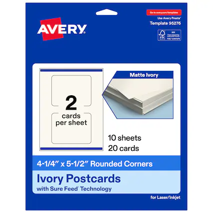 Go to avery.com/templates
Use Avery Presta Template 95276
Matte Ivory
2 cards per sheet
10 sheets
20 cards
4-1/4" x 5-1/2" Rounded Corners
Ivory Postcards with Sure Feed Technology for Laser/Inkjet