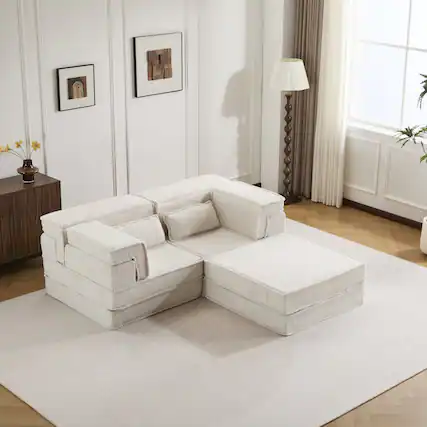 Front. Whisen - Compression Mahjong Sofa, 2-Seater with Ottoman, Modular Circle Fleece Memory Foam Floor Bed - White.