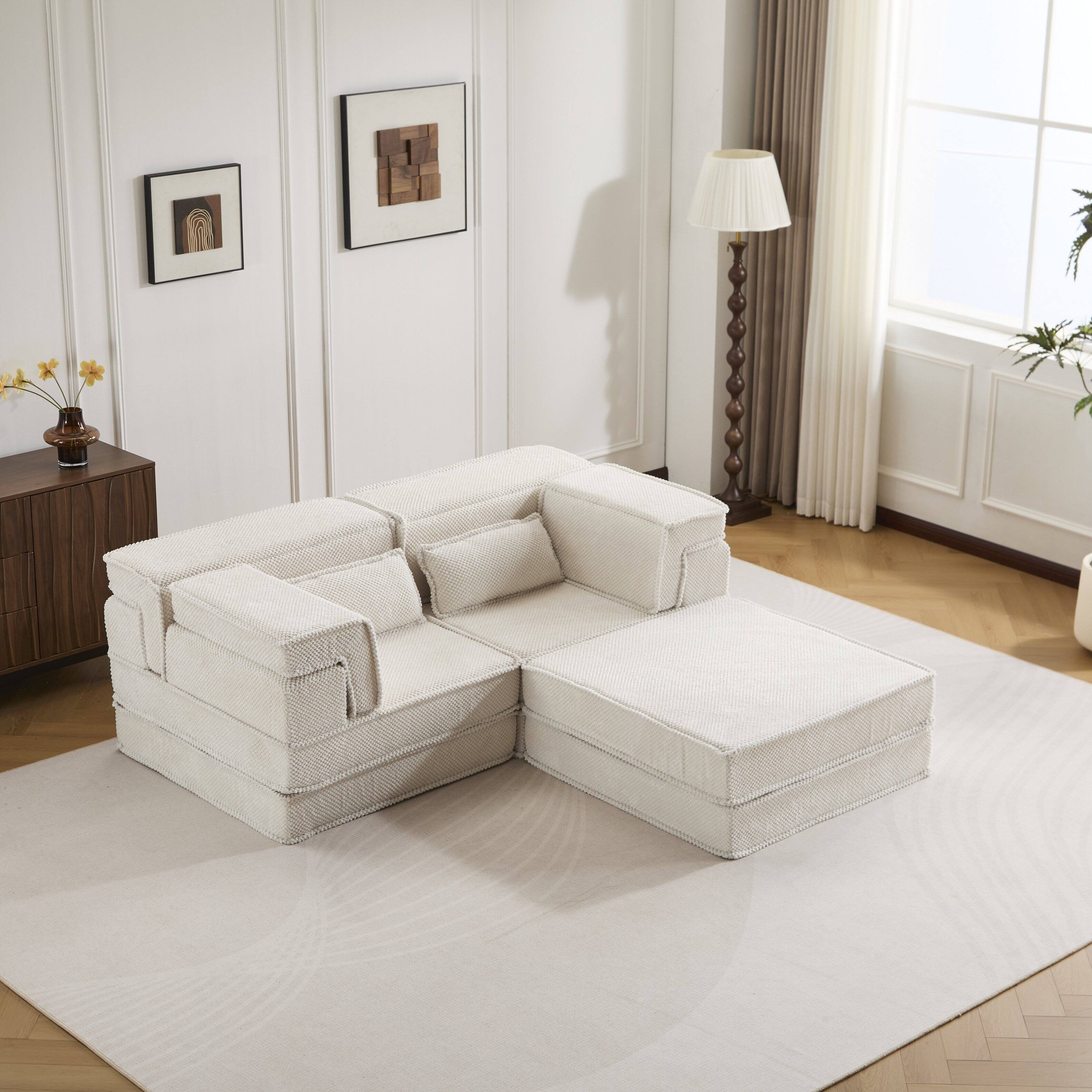 Front. Whisen - Compression Mahjong Sofa, 2-Seater with Ottoman, Modular Circle Fleece Memory Foam Floor Bed - White.