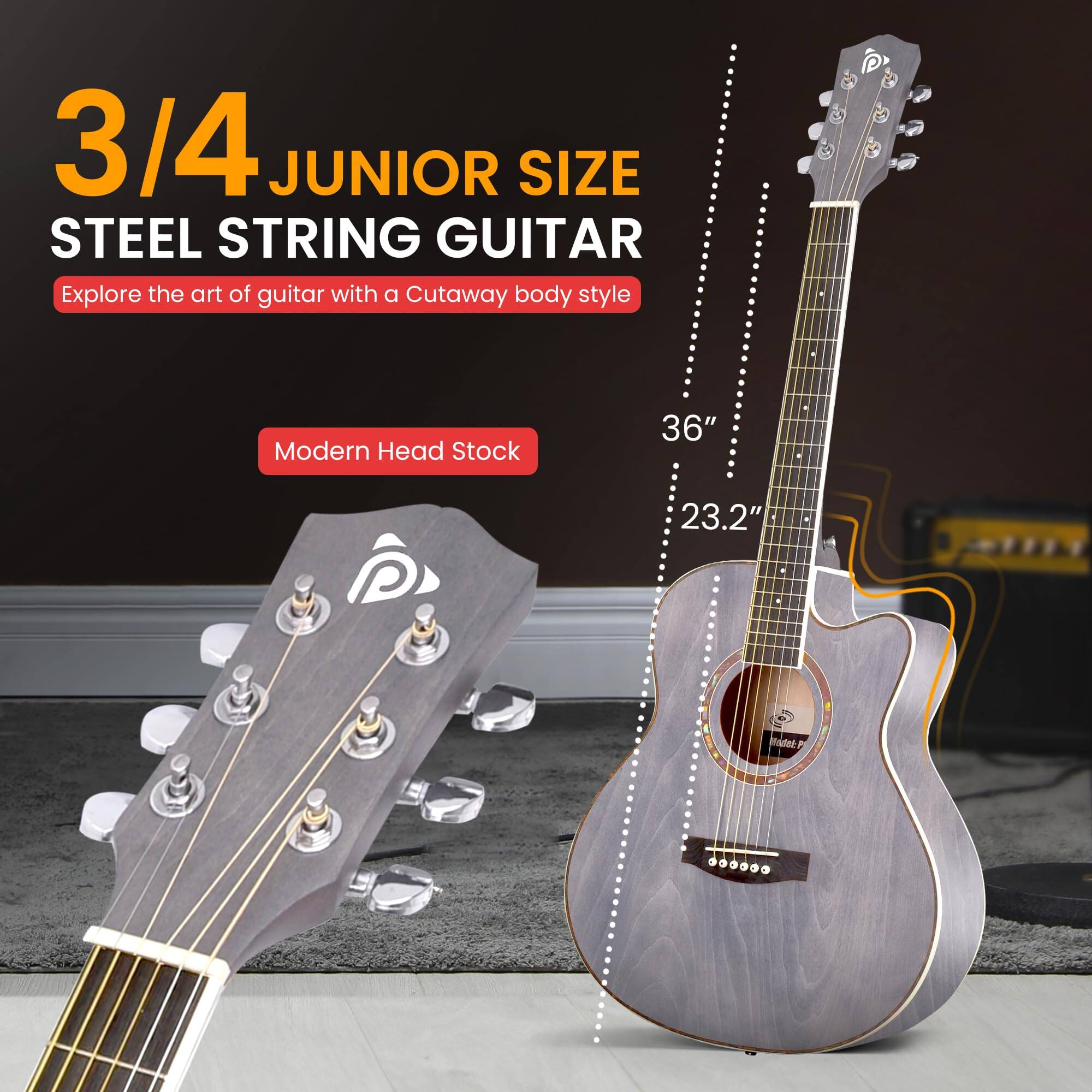 3/4 Junior Size Steel String Guitar  
Explore the art of guitar with a Cutaway body style  
Modern Head Stock  
36"  
23.2"