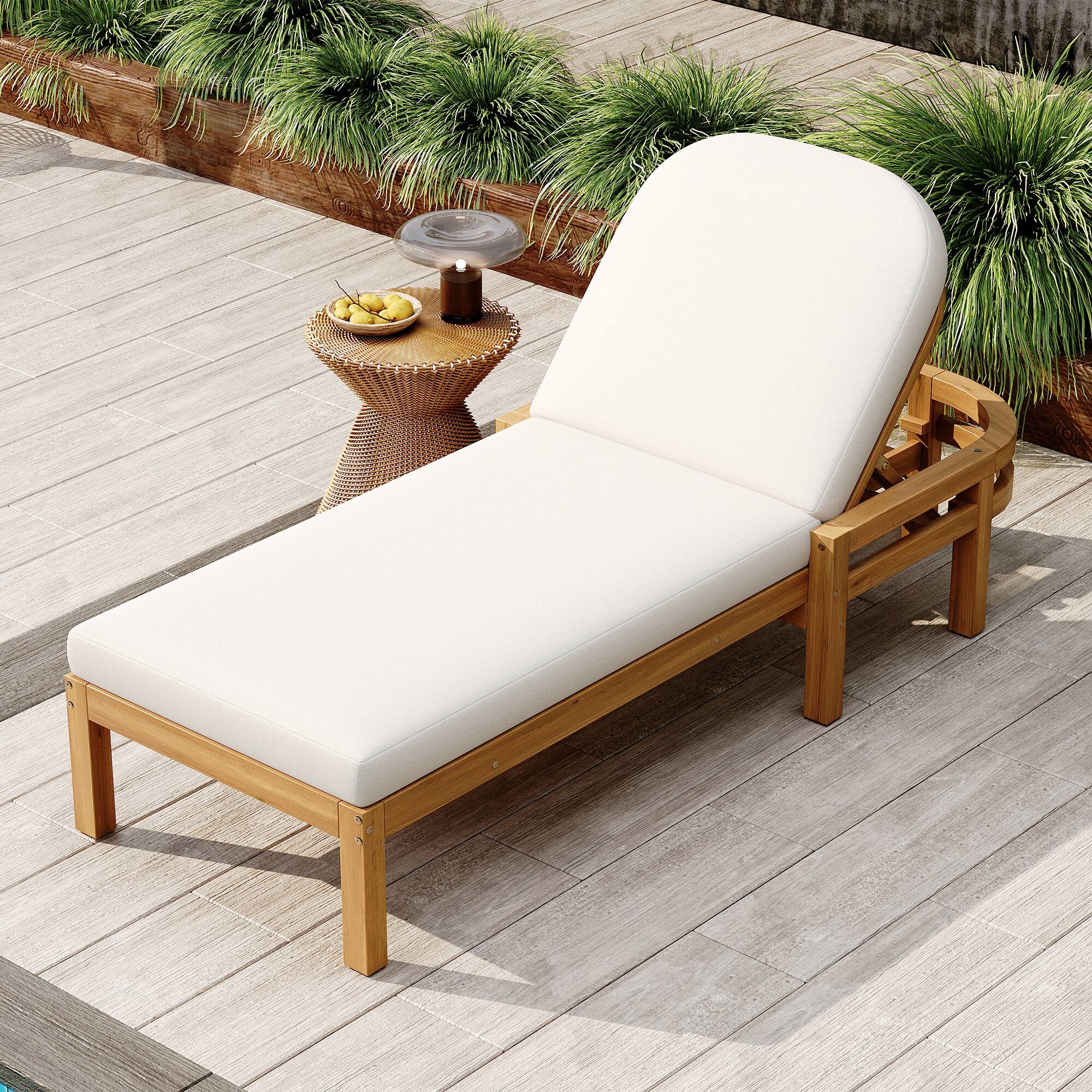 Alt View 2. Meqiodas - Outdoor Chaise Lounge, Premium Patio Recliner with Arched Backrest, 5-Position Adjustable Backrest, Outdoor Lounge Chair - Light Teak .