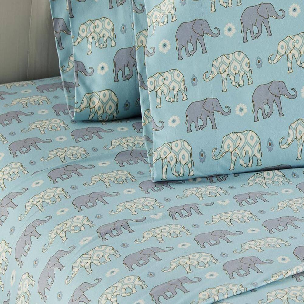 Alt View 1. Shavel Home Products - Shavel Micro Flannel Printed Sheet Set - King Flat/Fitted Sheet 108x110/80x78x18" 2-Pillowcase 21x40" - Elephants - Elephants.