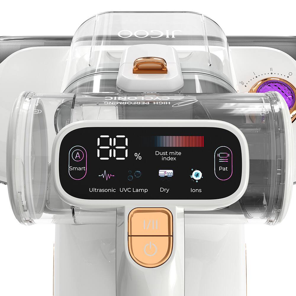 JIGOO o Il O CYCLONIC PERFORMING HIGH A Smart % Dust mite index Pat Ultrasonic UVC Lamp Dry lons 1/II