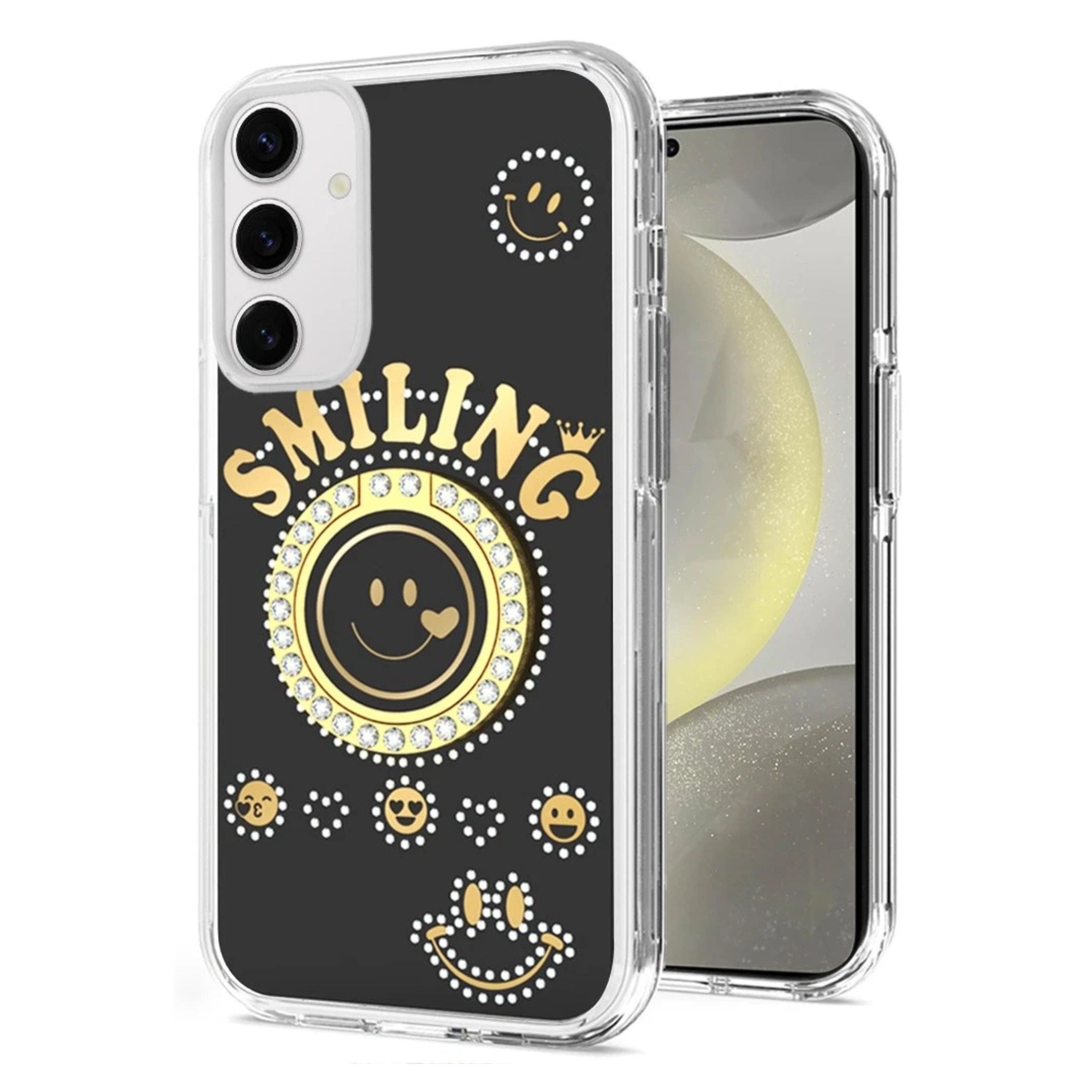 Kitcheniva - Diamond Studs Smiling Face Design Ring Stand Phone Case With Tempered Glass For Samsung Galaxy S25/S24 - Black price history on PriceWatchPro