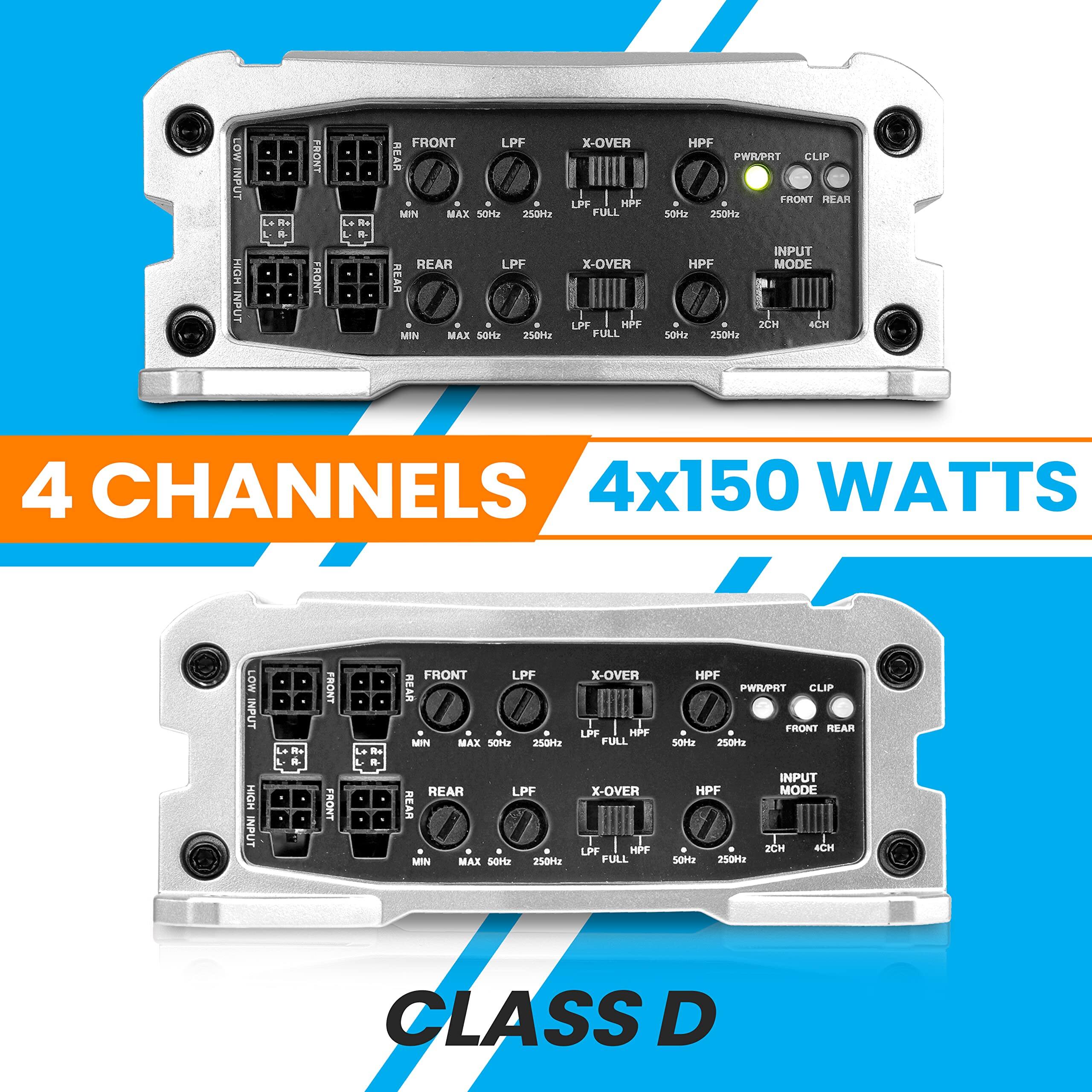 LOW INPUT HIGH INPUT  
FRONT LPF REAR MIN MAX SOH 20  
REAR LPF REAR MIN MAX SOH 250Hz  
X-OVER LPF HPF FULL  
X-OVER LPF HPF FULL  
HPF PWIVPRT CLIP  
FRONT HEAR SOH 250 INPUT HPF MODE + 2CH 4CH 50Hz 250Hz  
4 CHANNELS 4x150 WATTS  

LOW INPUT HIGH INPUT  
FRONT LPF REAR MIN MAX SOH 250Hz  
REAR LPF REAR MIN MAX SOH 250Hz  
X-OVER LPF HPF FULL  
X-OVER LPF HPF FULL  
HPF PWIVPRT CLIP  
FRONT HEAR SOH 250 INPUT HPF MODE + 2CH 4CH 50Hz 250Hz  
CLASS D