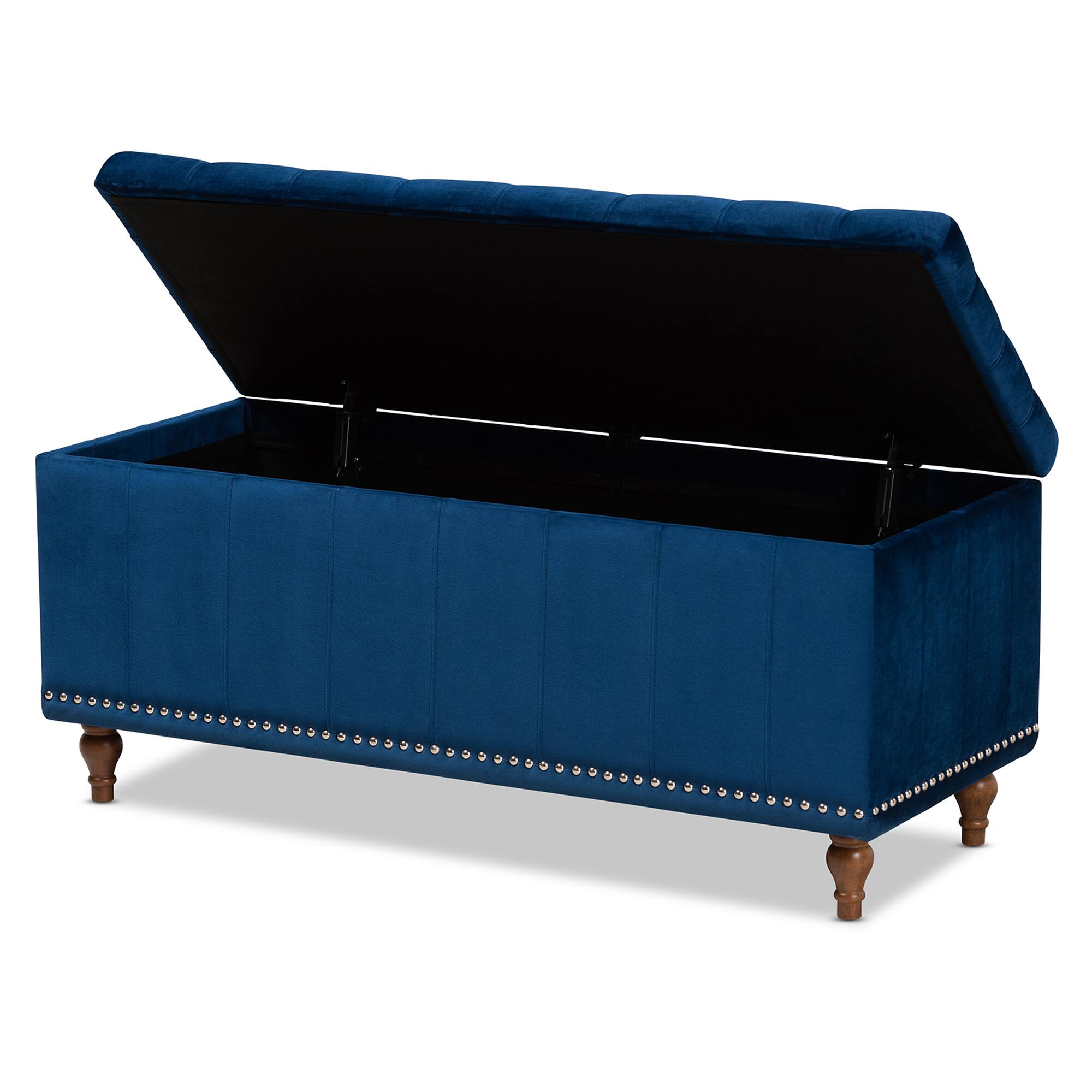 Angle. Baxton Studio - Kaylee Modern and Contemporary Velvet Fabric Upholstered Button-Tufted Storage Ottoman Bench - Navy Blue/Brown.
