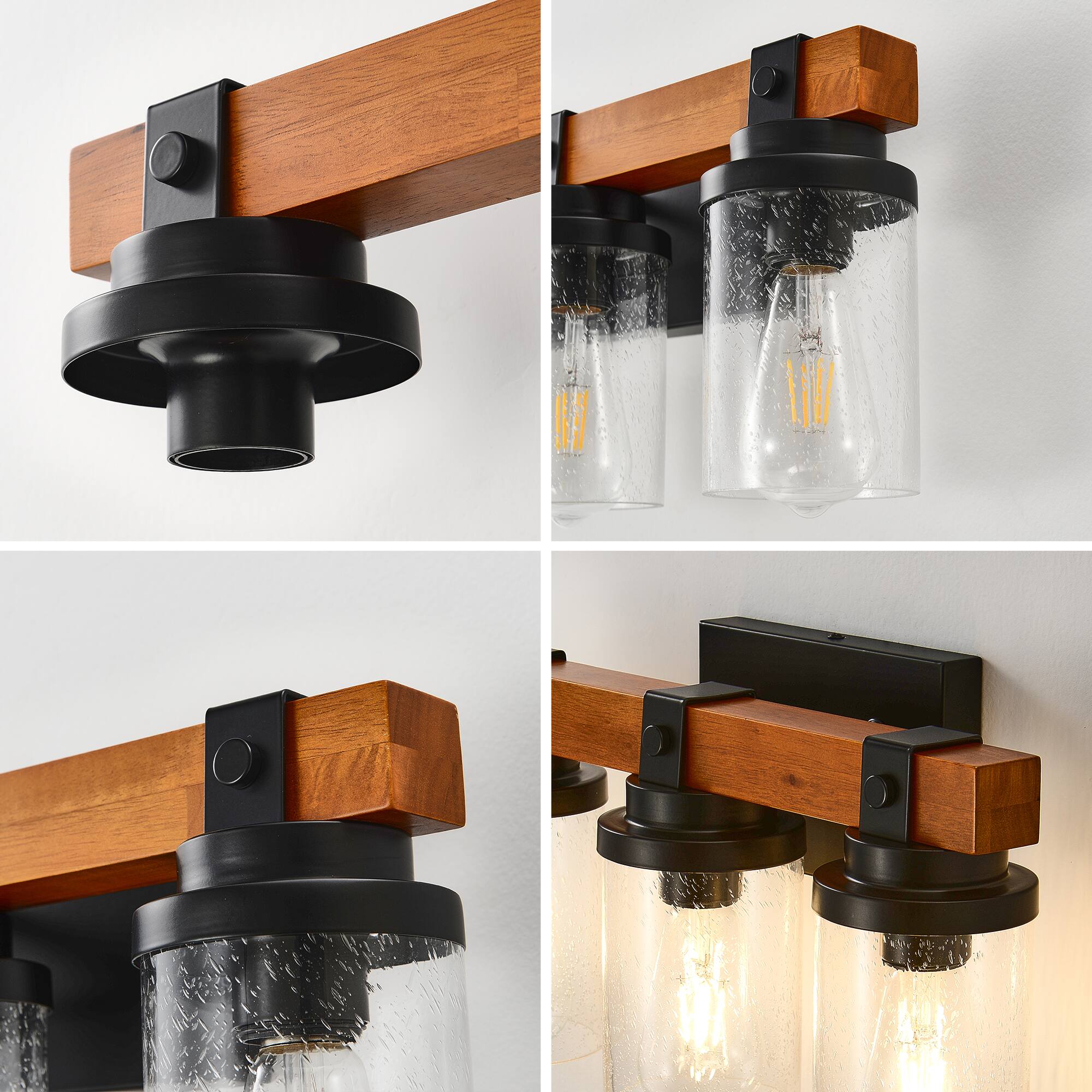 Alt View 4. TinyHomie - 3 Light Matte Black And Wooden Wall Lamps With Glass Shades No Bulbs For Bathroom Or Bedroom.