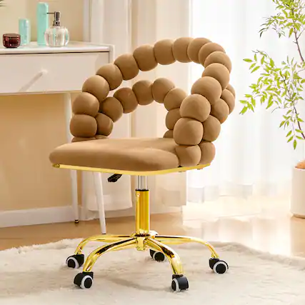 Front. Loheer - Loheer- Velvet Swivel Office Chair Bubble Back Vanity Chair for Bedroom Makeup Room Gold Base Wheels 2.1 ft - Brown,Gold.