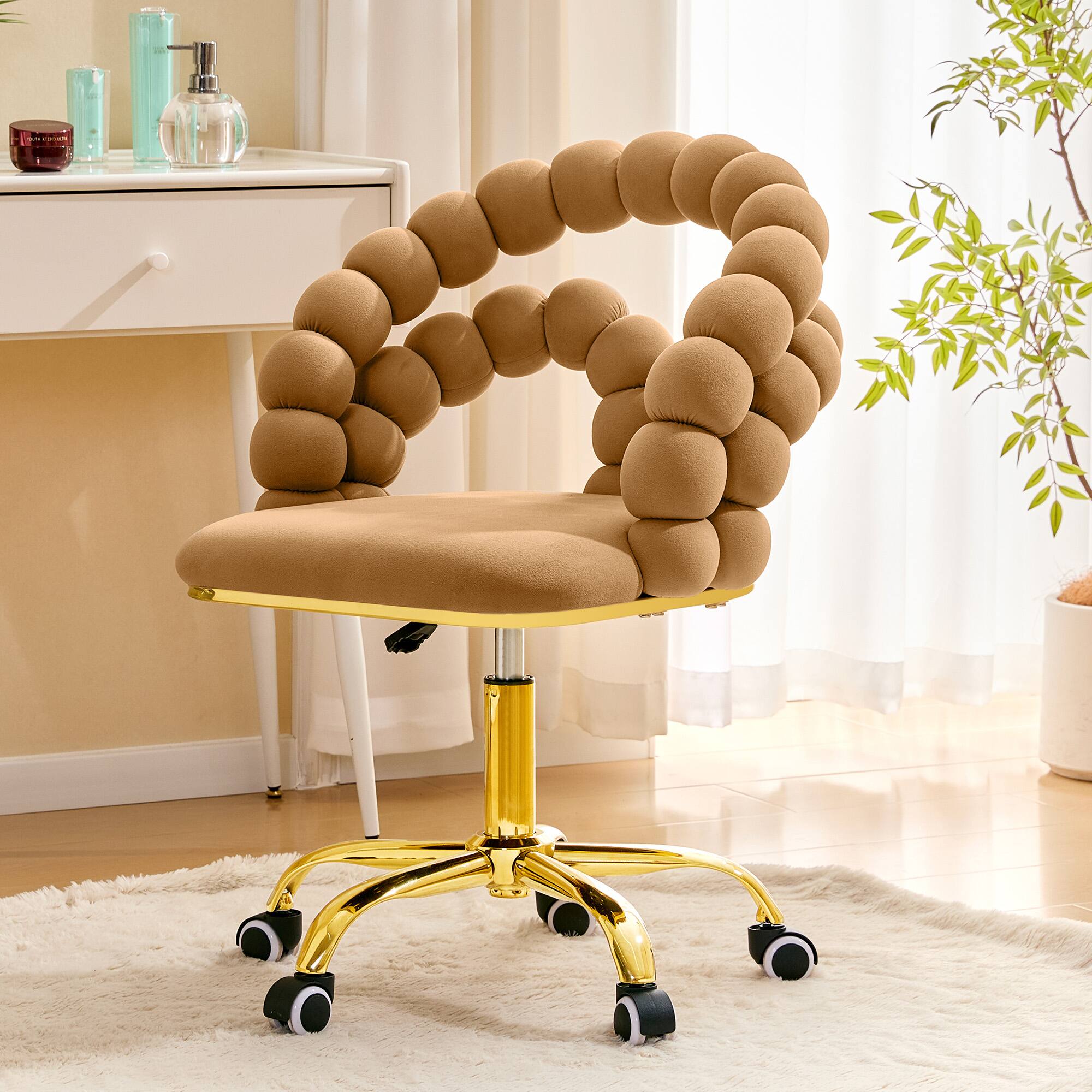 Front. Loheer - Loheer- Velvet Swivel Office Chair Bubble Back Vanity Chair for Bedroom Makeup Room Gold Base Wheels 2.1 ft - Brown,Gold.