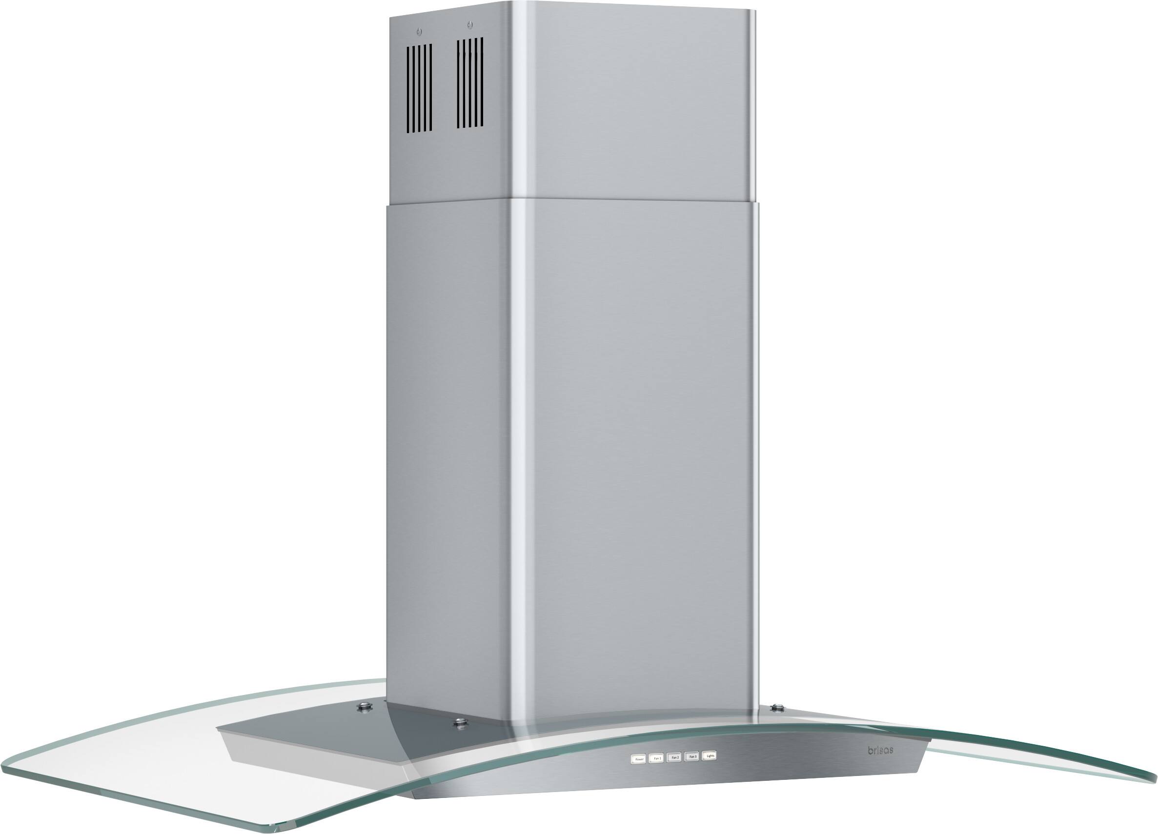 Left. Zephyr - Brisas 36 in. 600 CFM Curved Glass Island Range Hood with LED Lights - Stainless Steel + Glass.