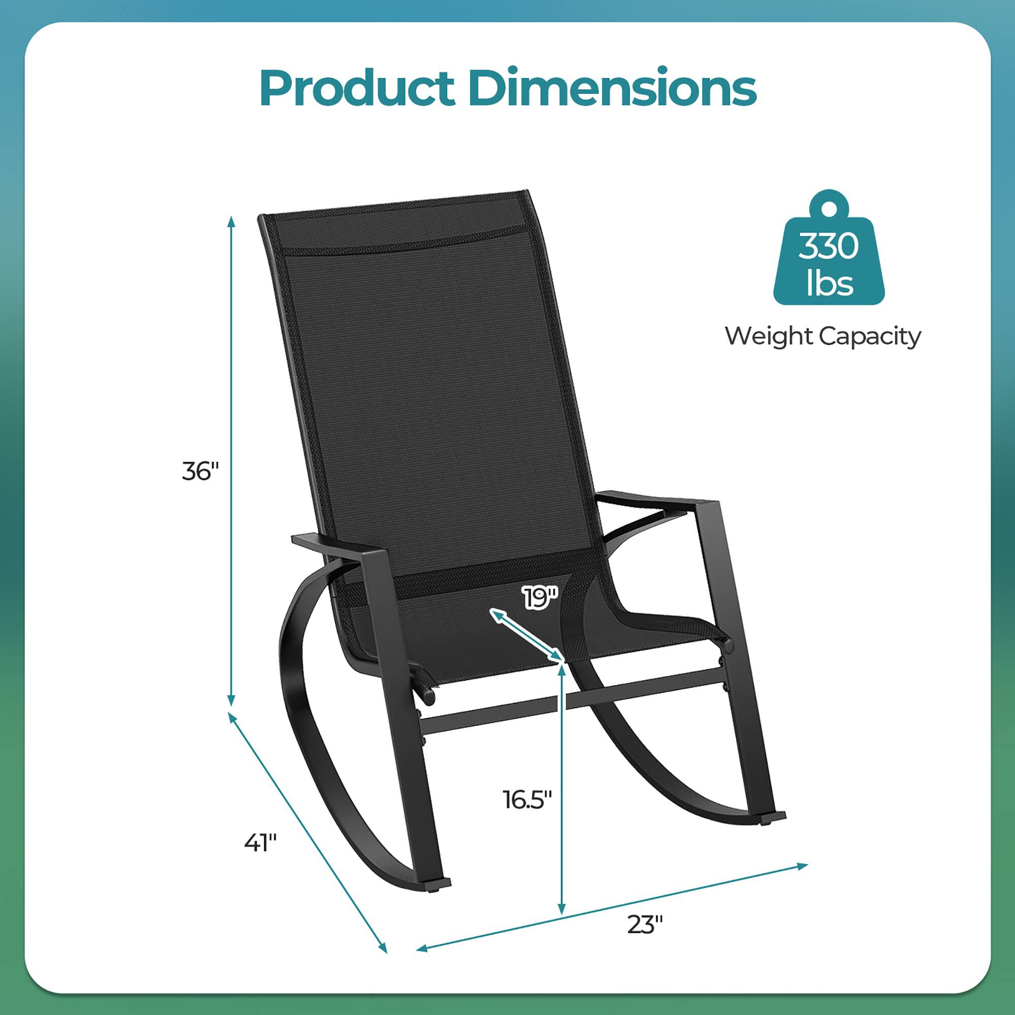 Product Dimensions  
330 lbs Weight Capacity  
36" x 19" x 16.5" x 41" x 23"