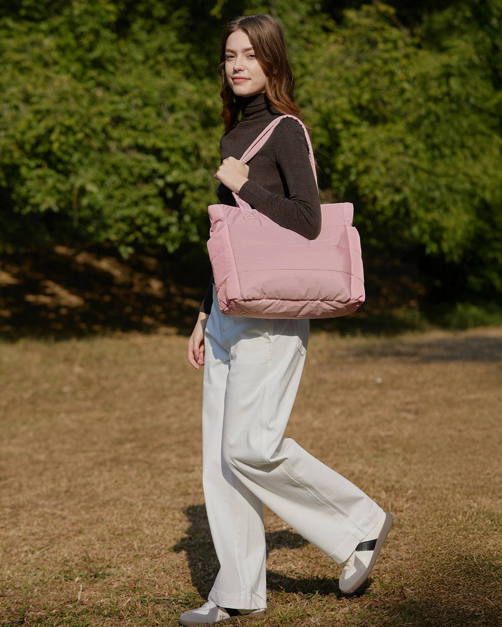 Left. Bagsmart - Bubble 20L Puffy 15.6" Laptop Work Tote Bag, Lightweight Water-Resistant Puffer Travel Shoulder Bag for Women - Dark Pink.