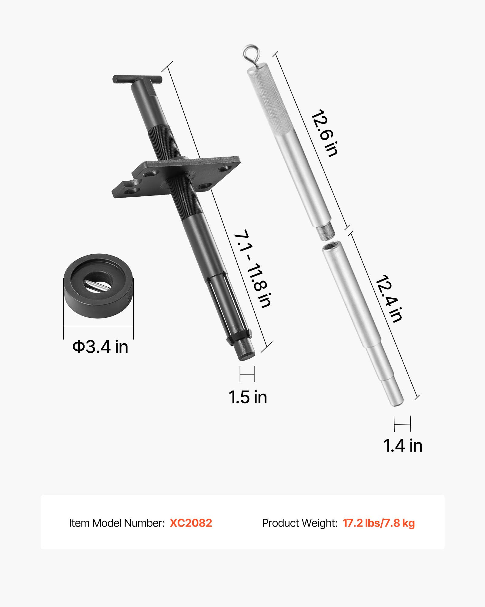 3.4 in  
7.1-11.8 in  
1.5 in  
12.6 in  
12.4 in  
1.4 in  

Item Model Number: XC2082  
Product Weight: 17.2 lbs/7.8 kg