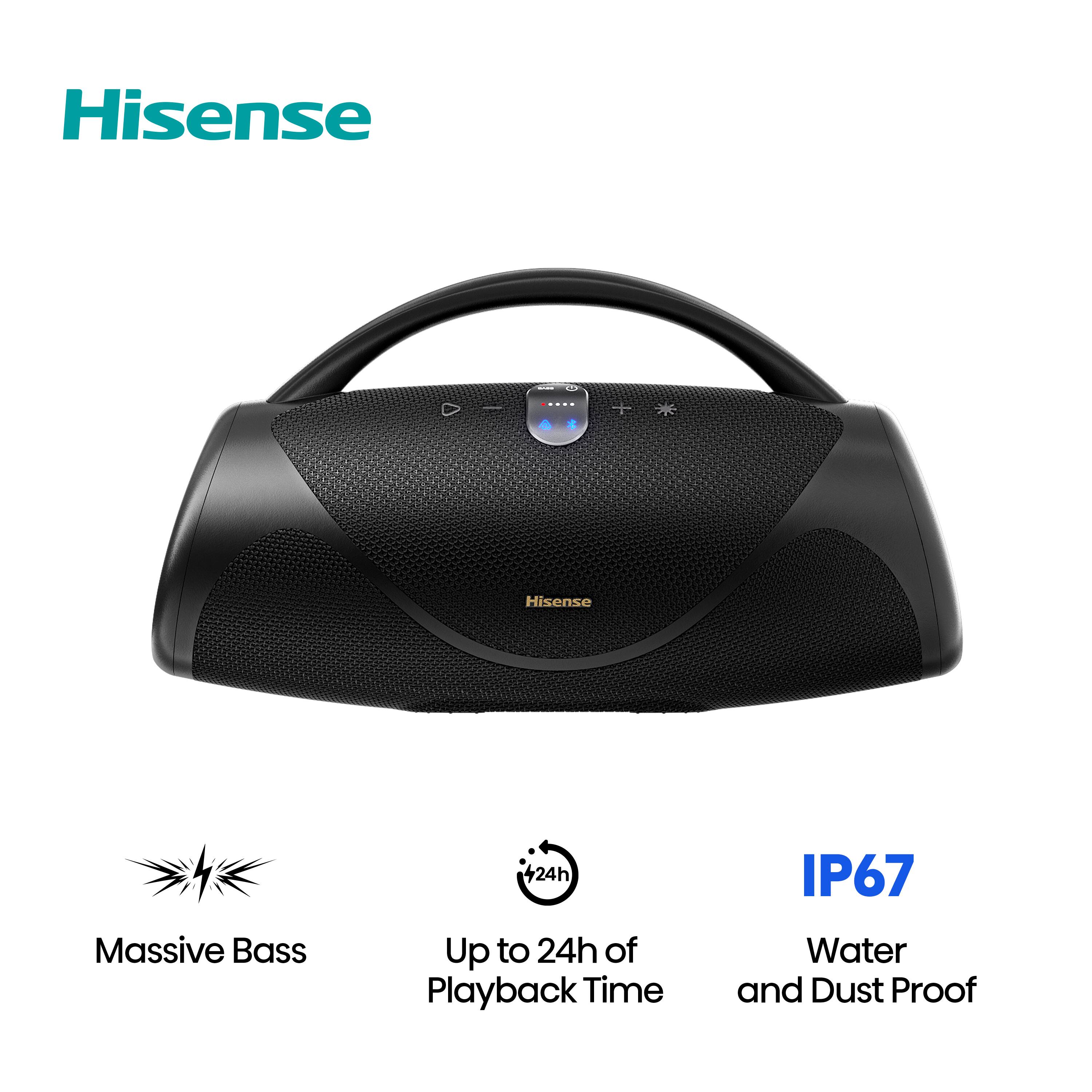 Hisense

- Hisense
- 24h
- IP67
- Massive Bass
- Up to 24h of Playback Time
- Water and Dust Proof
