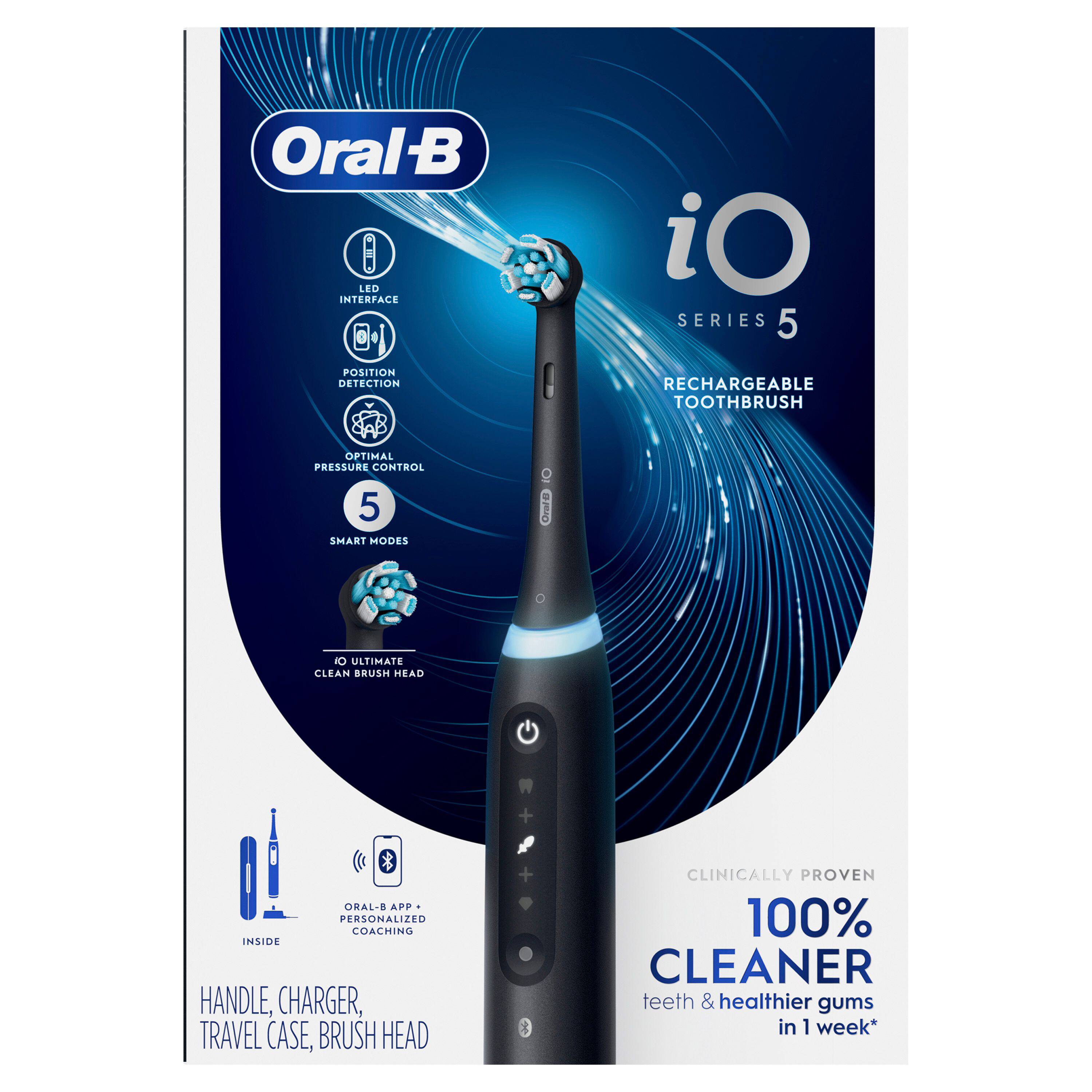 Oral B LED INTERFACE iO SERIES 5 POSITION DETECTION RECHARGEABLE TOOTHBRUSH OPTIMAL PRESSURE CONTROL 5 SMART MODES iO ULTIMATE CLEAN BRUSH HEAD + ORAL B APP PERSONALIZED COACHING INSIDE HANDLE, CHARGER, TRAVEL CASE, BRUSH HEAD, CLINICALLY PROVEN 100% CLEANER teeth & healthier gums in 1 week*