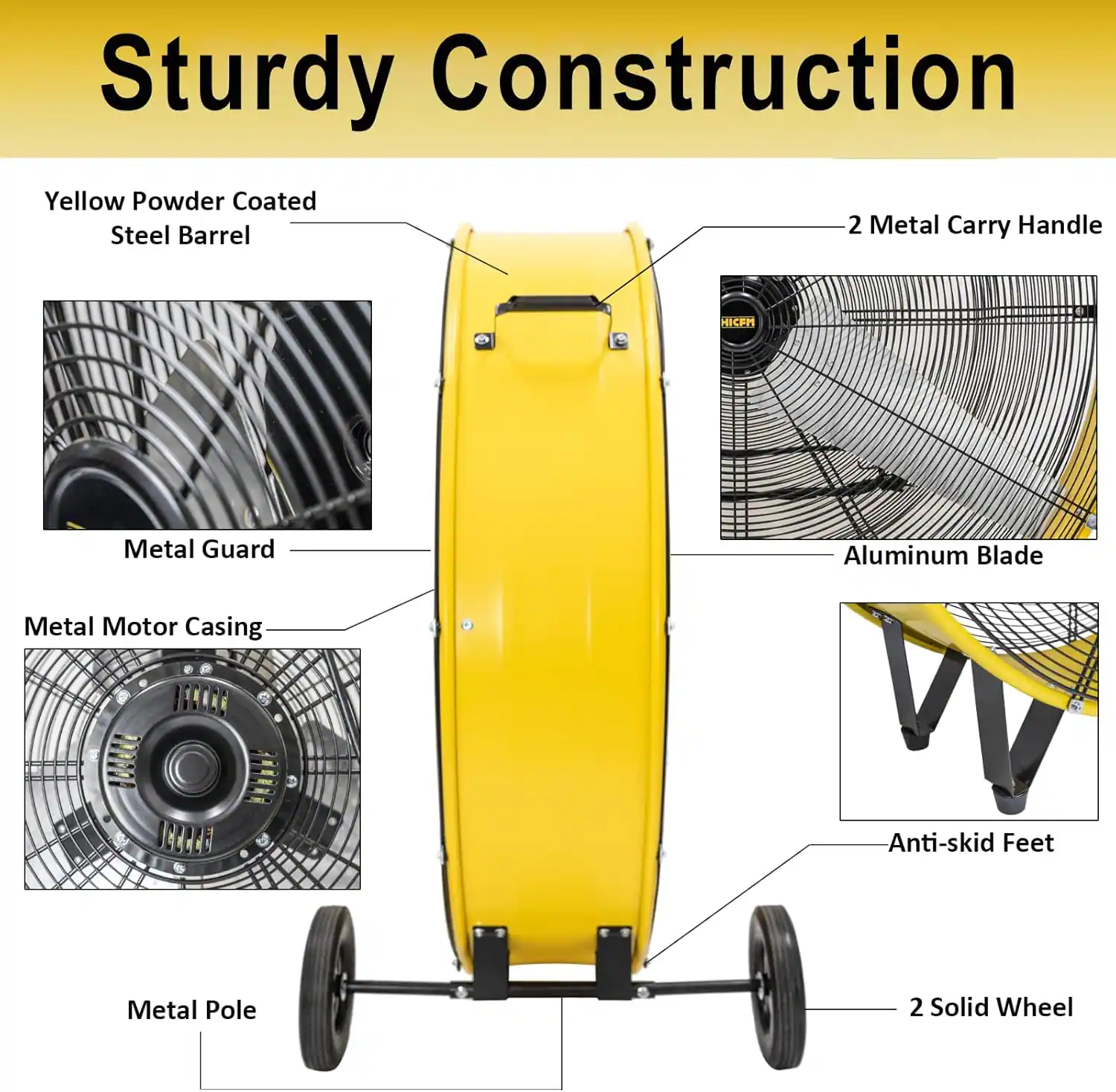 Sturdy Construction  
- Yellow Powder Coated Steel Barrel  
- 2 Metal Carry Handle  
- Metal Guard  
- Aluminum Blade  
- Metal Motor Casing  
- Metal Pole  
- Anti-skid Feet  
- 2 Solid Wheel