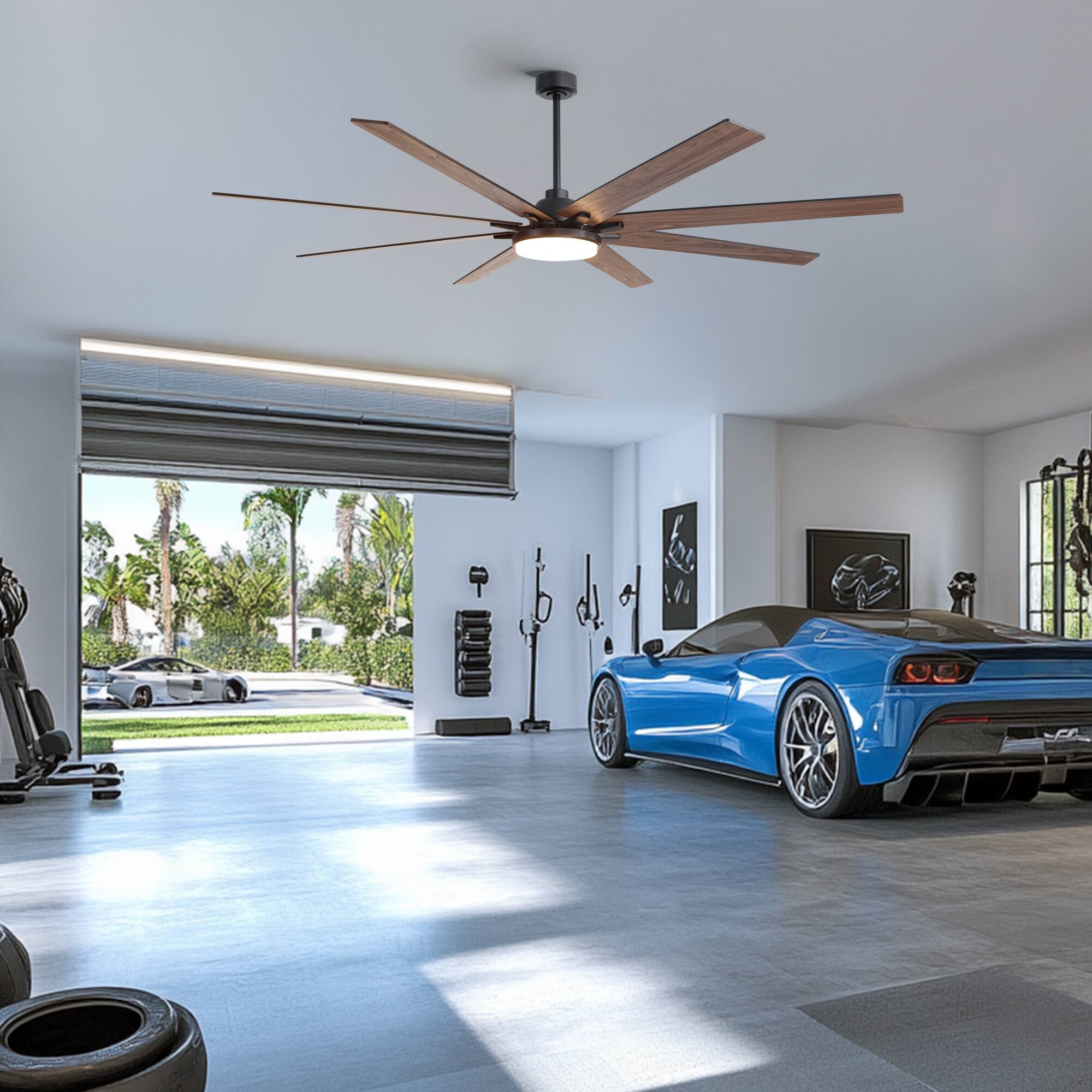 Siljoy - 84 Inch Big Ben Ceiling Fan with LED Light and Remote Control (8 dual blades)For Kitchen Livingroom and Bedroom - Brown