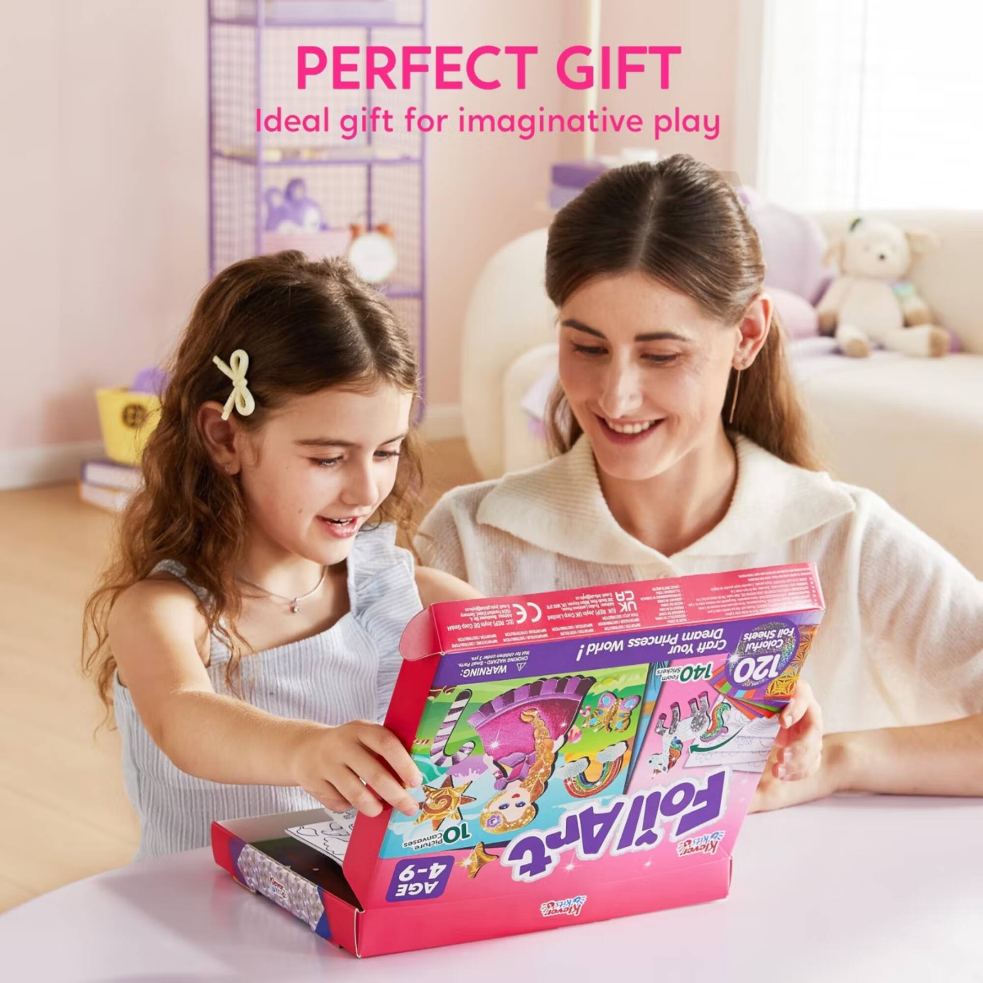 PERFECT GIFT  
Ideal gift for imaginative play  

CA - XU - 3  
Dream Sheets F World!  
Princess Your Craft  
Colorful - 2 W LT DNINSVM m SR  
140 120 OX AGE 4-9  

n 10  
Foi/Art Aay PR SA