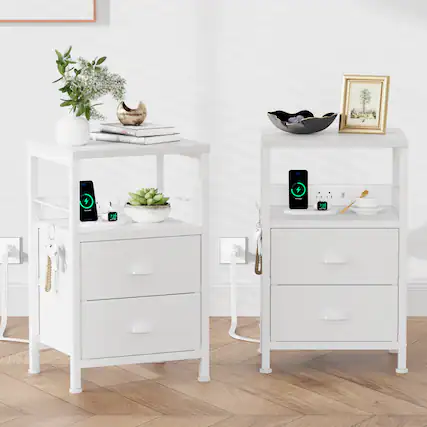 Front. Furnulem - Nightstand with 2 Drawers Outlets Bedside Tables with 2 USB Ports 2Tier Open Shelf - White.