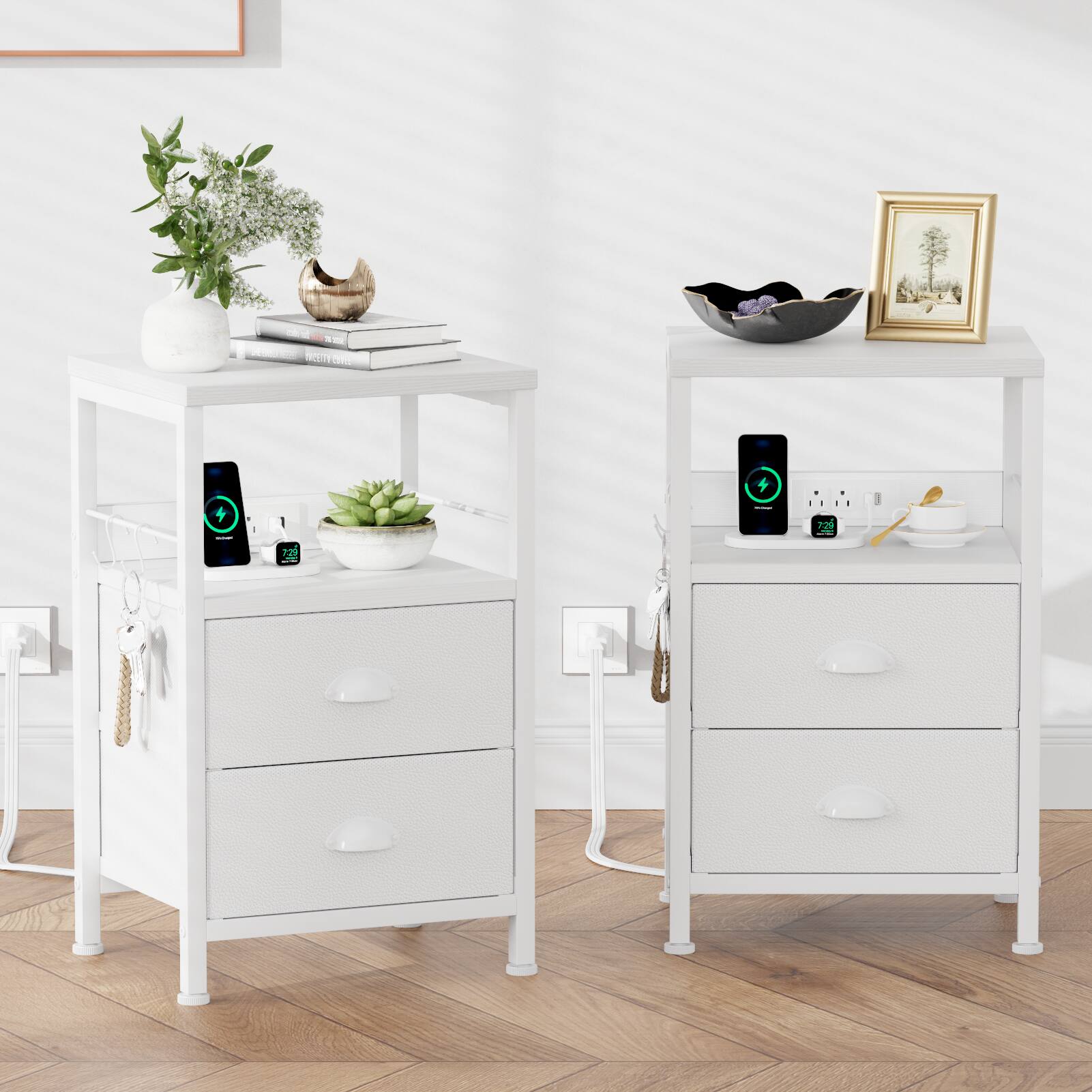 Front. Furnulem - Nightstand with 2 Drawers  Outlets Bedside Tables with 2 USB Ports  2Tier Open Shelf - White.
