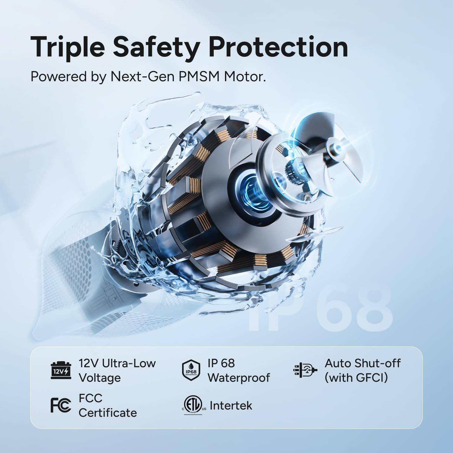 Triple Safety Protection  
Powered by Next-Gen PMSM Motor.

- 12V Ultra-Low Voltage
- FCC Certificate
- IP 68 Waterproof (with GFCI)
- Auto Shut-off
- Intertek
