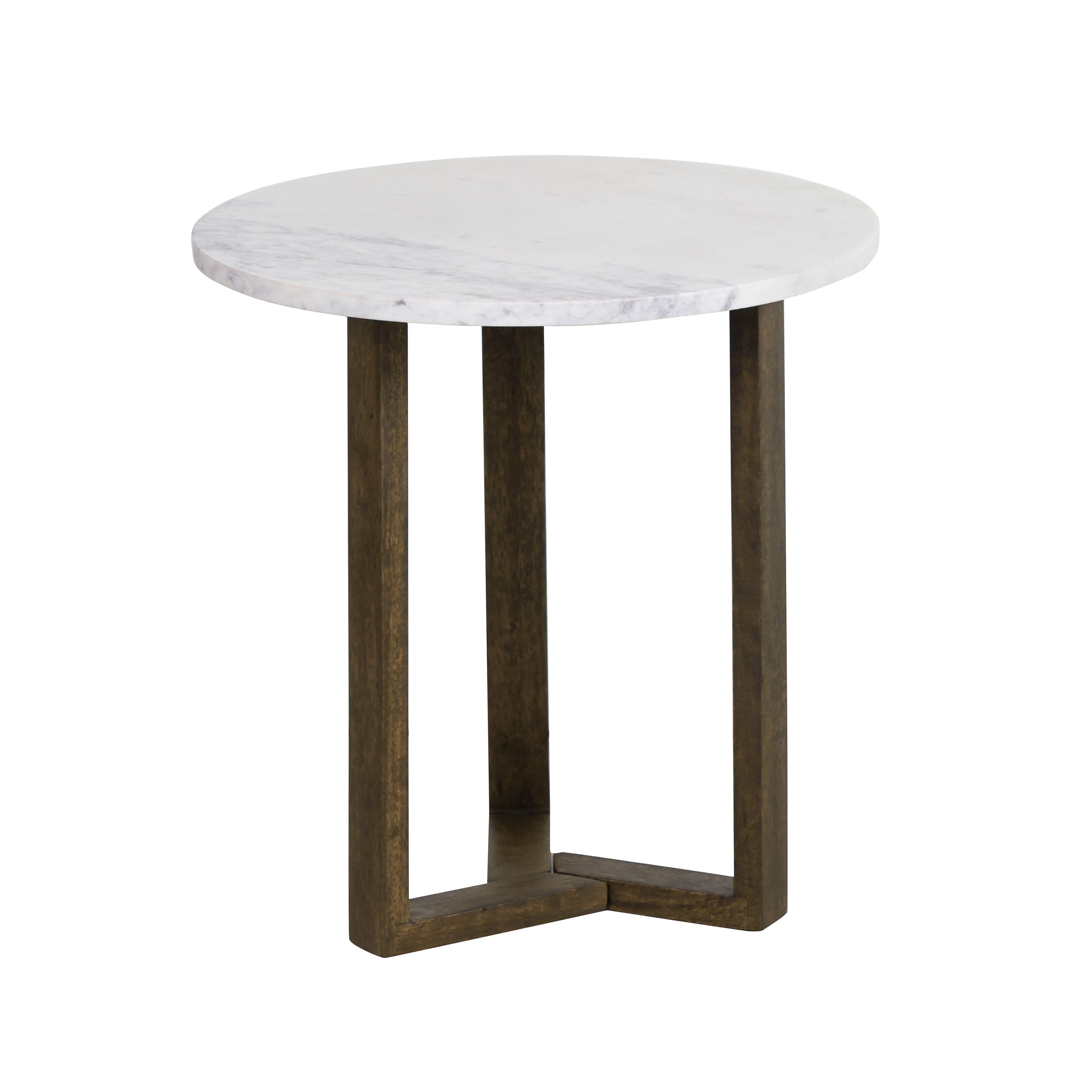 Manhattan Lane - Fina 20 Inch Round Side End Table, White Genuine Marble Top, Natural Brown Mango Wood 3 Leg Sled Base - White, Natural Brown