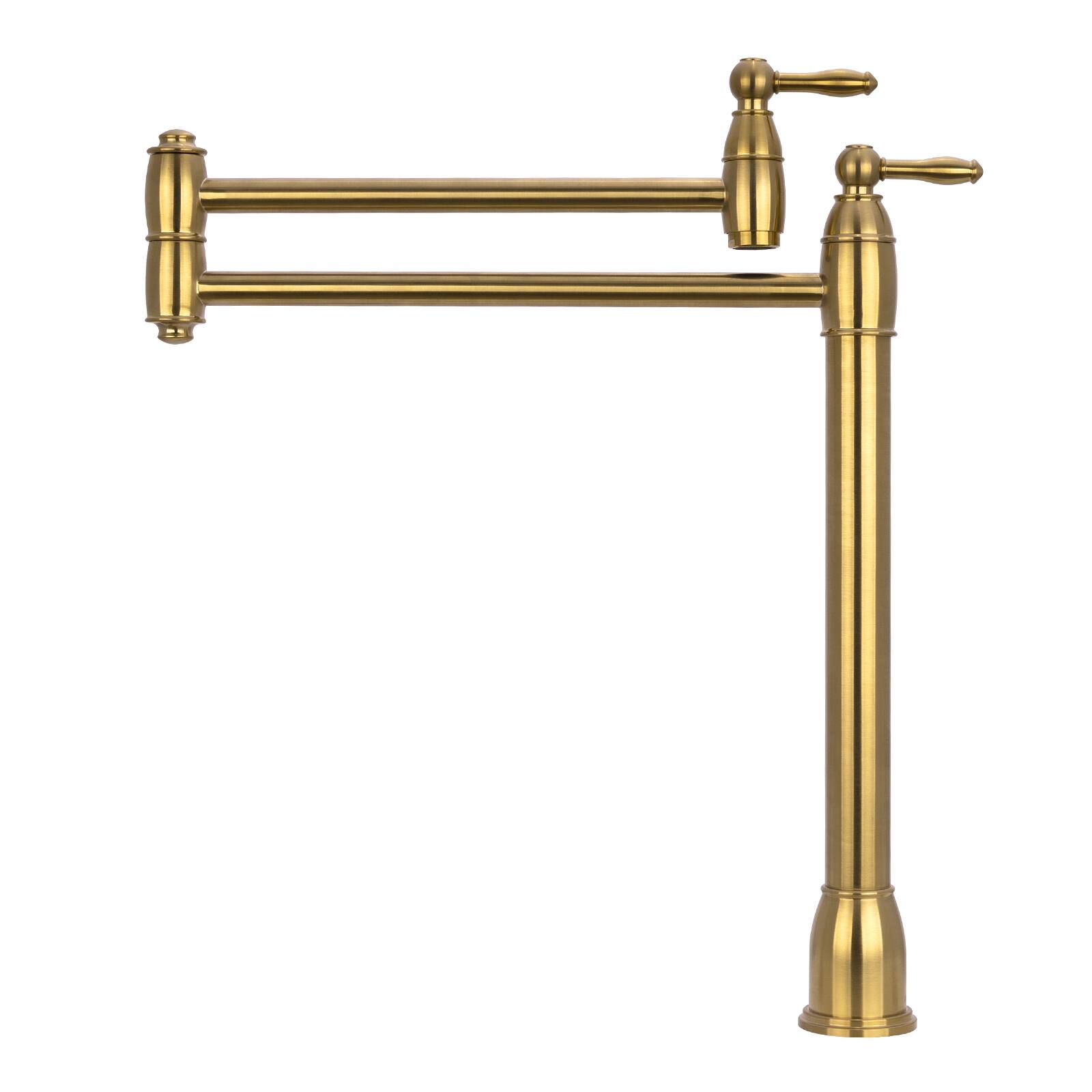 Front. Akicon - Akicon Solid Brass Deck-Mounted Pot Filler Kitchen Faucet with Dual Joint Swing Arms in Brushed Gold - Brushed Gold.
