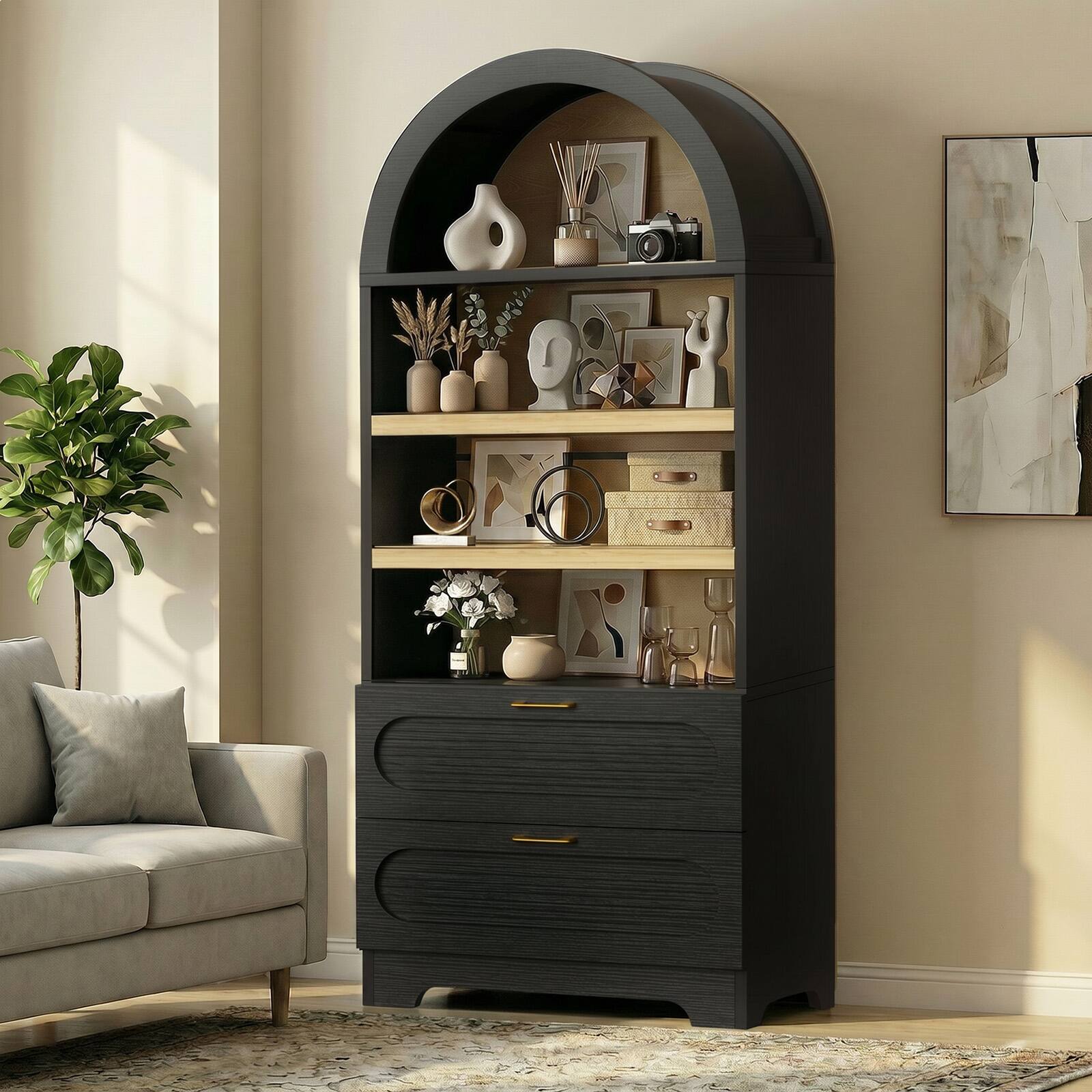 Alt View 3. Bestier - 71 inch Modern Arched Storage Cabinet, Extra Deep Fluted Bookcase with 3 Adjustable Shelves - Black Grained.