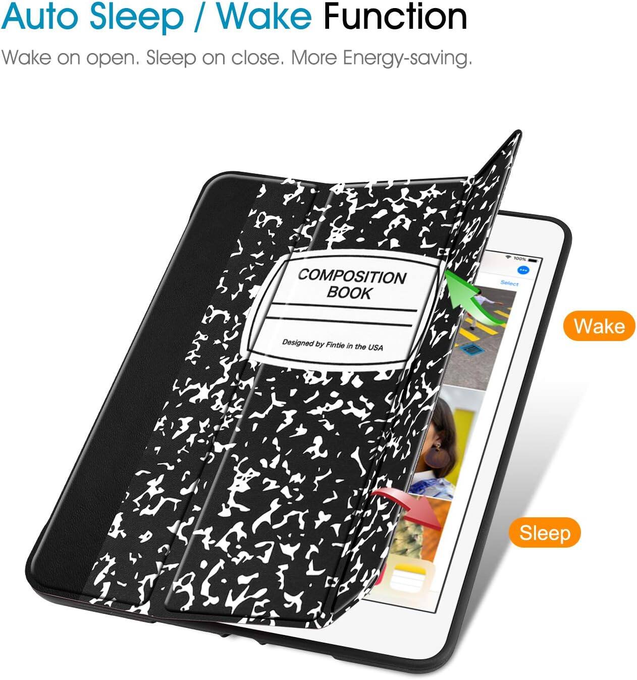 Auto Sleep / Wake Function  
Wake on open. Sleep on close. More Energy-saving.  

COMPOSITION BOOK  
100% PIZE Select  
Designed by Fintie in the USA  

Wake  
Sleep