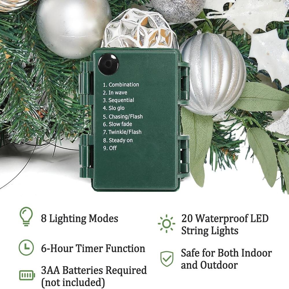1. Combination  
2. In wave  
3. Sequential  
4. Slo glo  
5. Chasing/Flash  
6. Slow fade  
7. Twinkle/Flash  
8. Steady on  
9. Off  

8 Lighting Modes  
6-Hour Timer Function  
3AA Batteries Required (not included)  
20 Waterproof LED String Lights  
Safe for Both Indoor and Outdoor