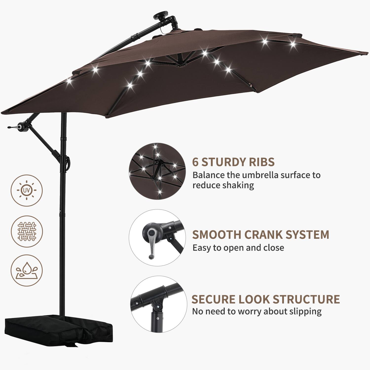 UV 6 STURDY RIBS  
Balance the umbrella surface to reduce shaking  

SMOOTH CRANK SYSTEM  
Easy to open and close  

SECURE LOOK STRUCTURE  
No need to worry about slipping
