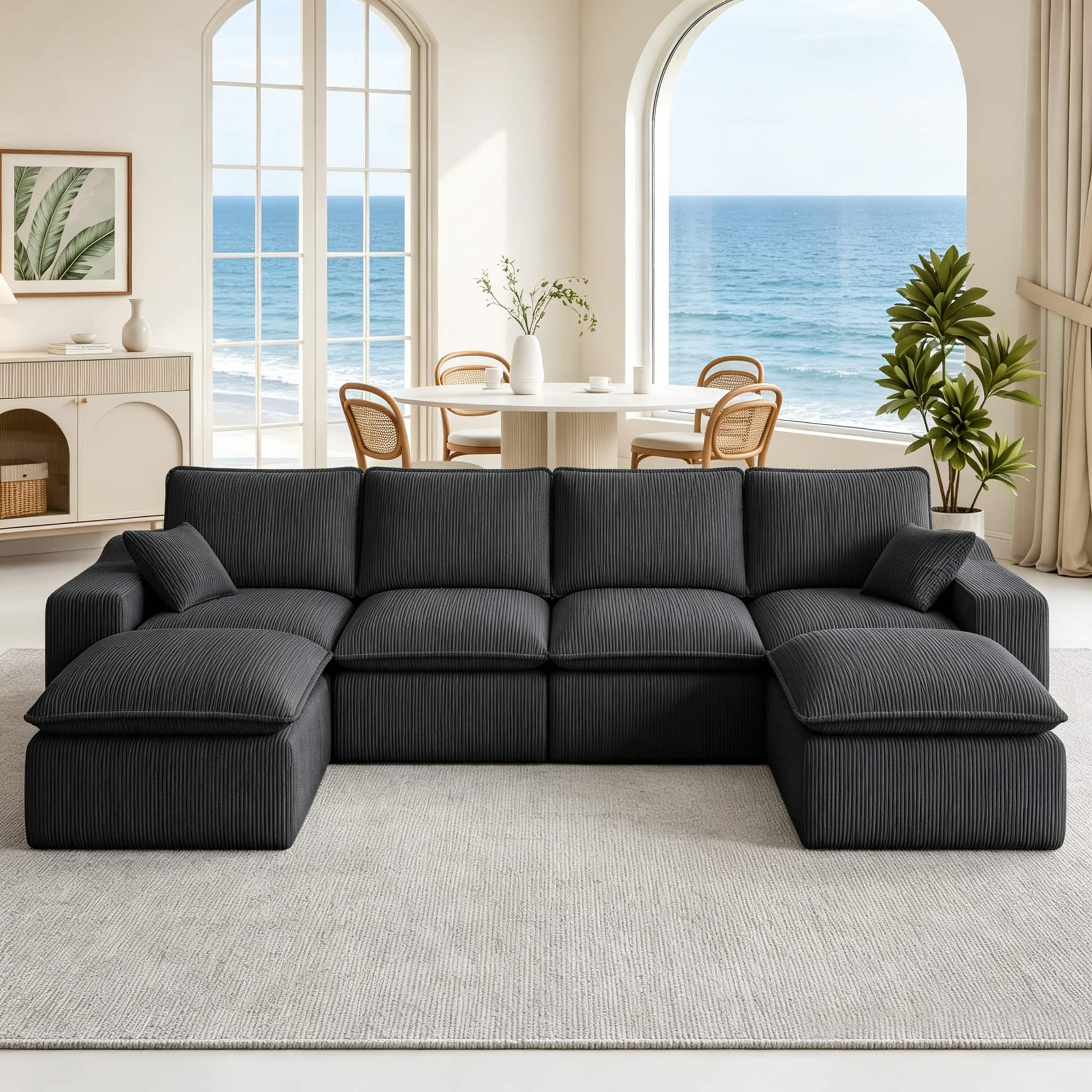 Dyonery - 137'' Couch Corduroy Sectional Couches,  U-Shape Chaise, Deep Seat Upholstered, No Assembly Required, Black - Black