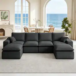 Dyonery - 137'' Couch Corduroy Sectional Couches, U-Shape Chaise, Deep Seat Upholstered, No Assembly Required, Black - Black
