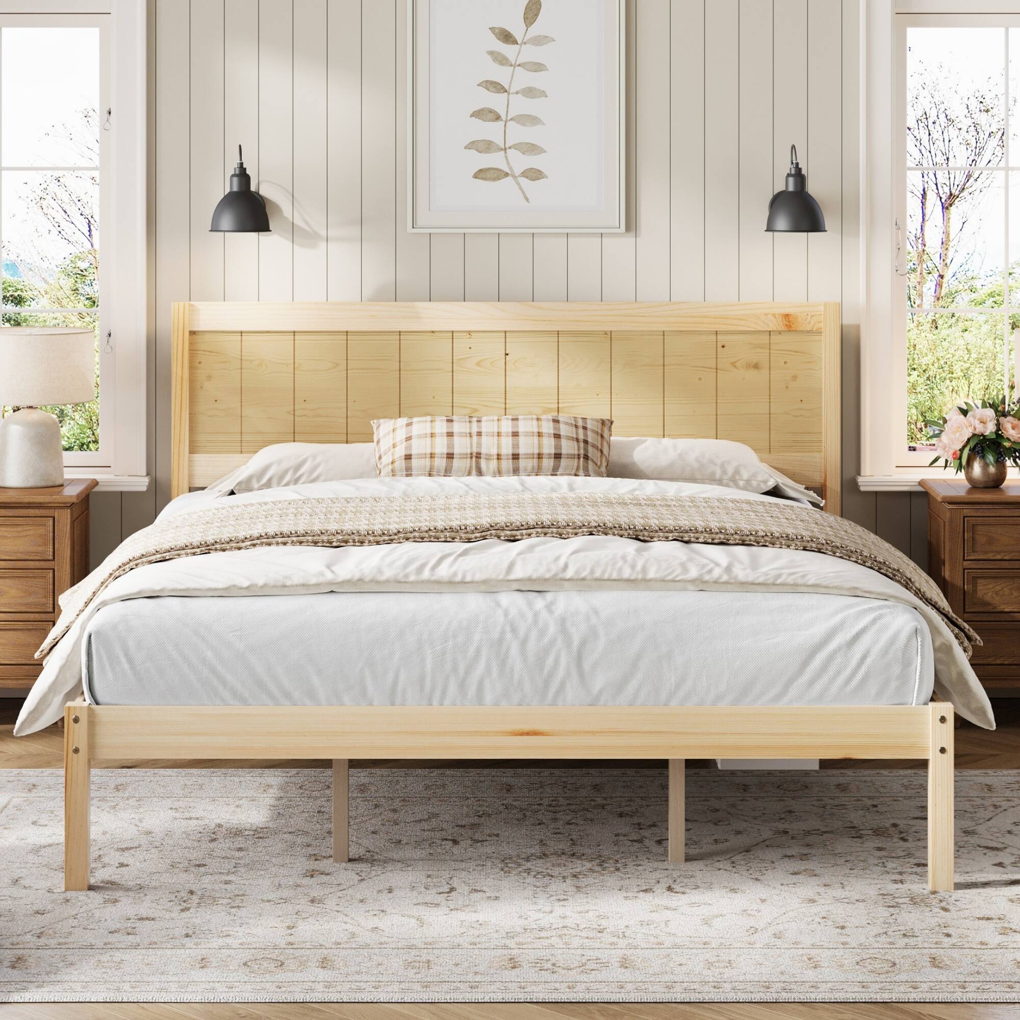 Angle. Whisen - Platform Bed Frame with Headboard, Wood Slat Support, No Box Spring Needed - Natural.