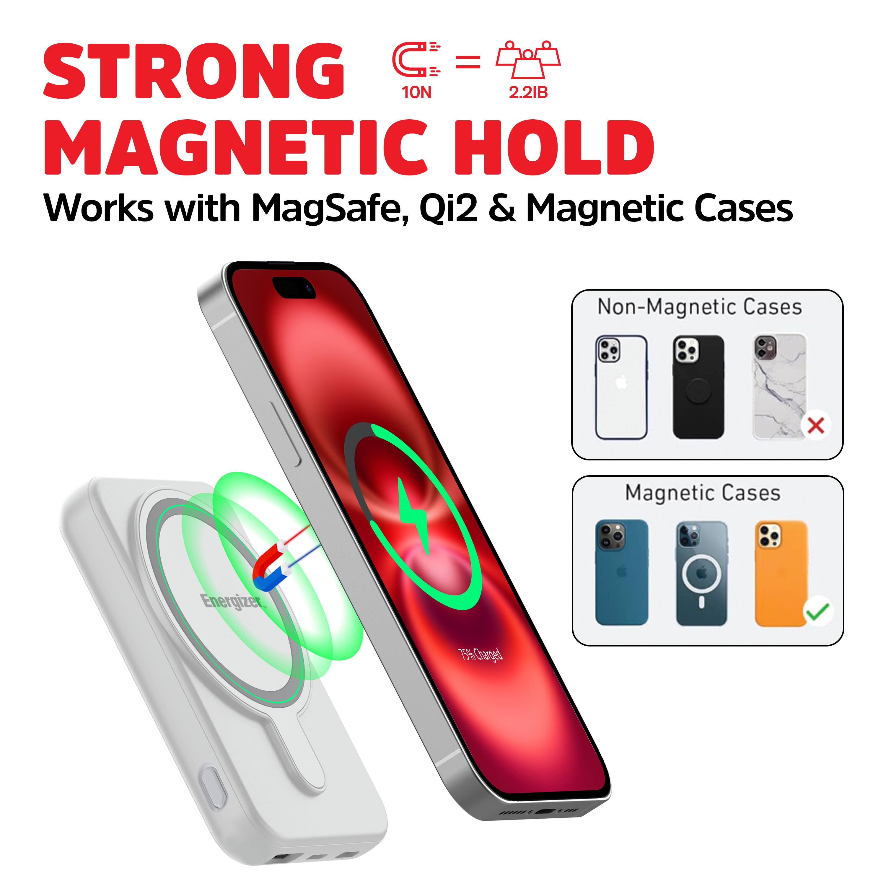 STRONG MAGNETIC HOLD  
10N = 2.2IB  
Works with MagSafe, Qi2 & Magnetic Cases  

Non-Magnetic Cases  
Magnetic Cases  

Energizer  
75% Charged
