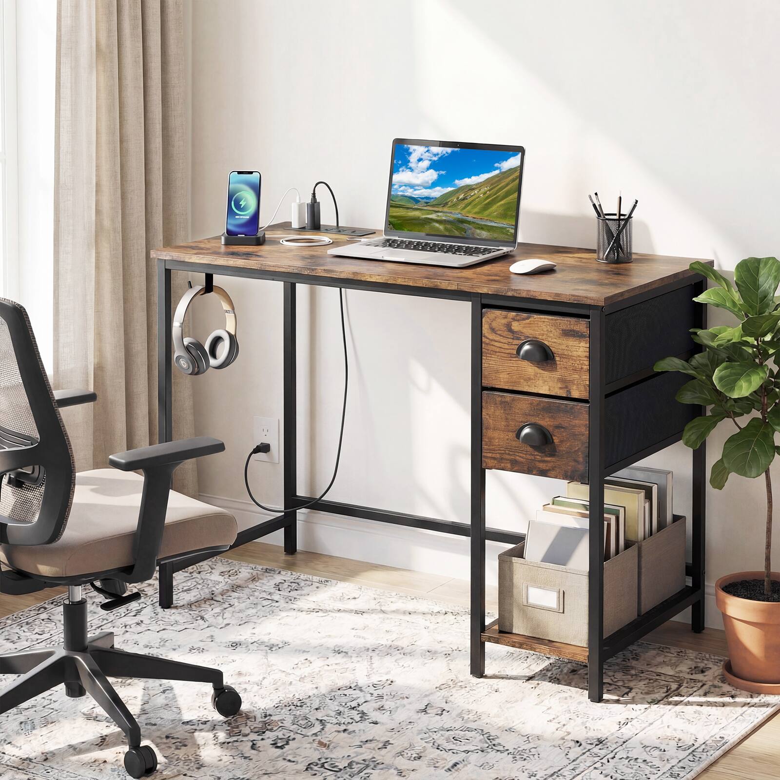 Alt View 4. Costway - Costway Computer Desk with Charging Station, 2 Fabric Drawers, Storage Shelf Headphone Hook - Rustic Brown & Black.