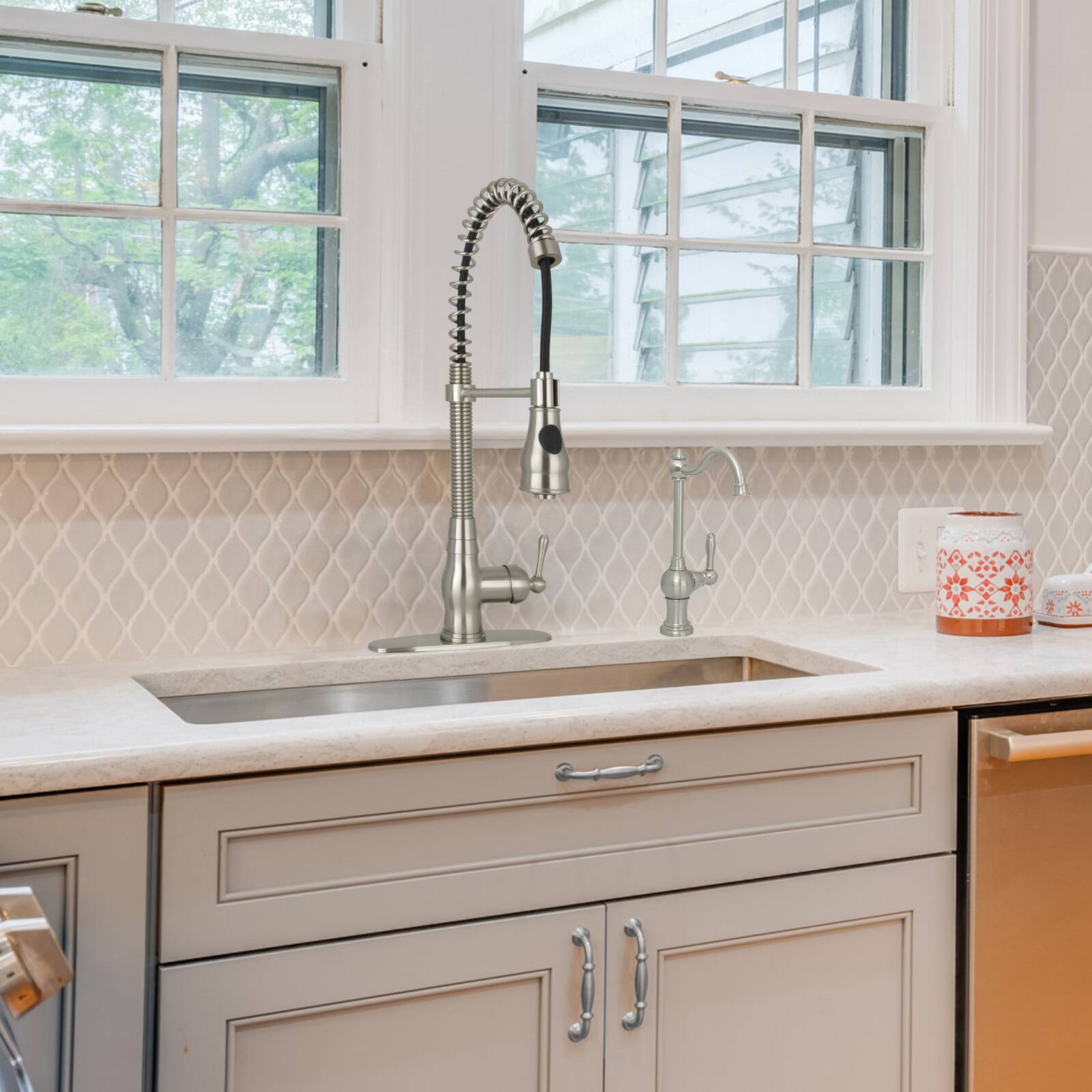 Alt View 4. Akicon - Akicon Solid Brass Pre-Rinse Spring Single Handle Kitchen Faucet with Pull Down Sprayer in Brushed Nickel - Brushed Nickel.