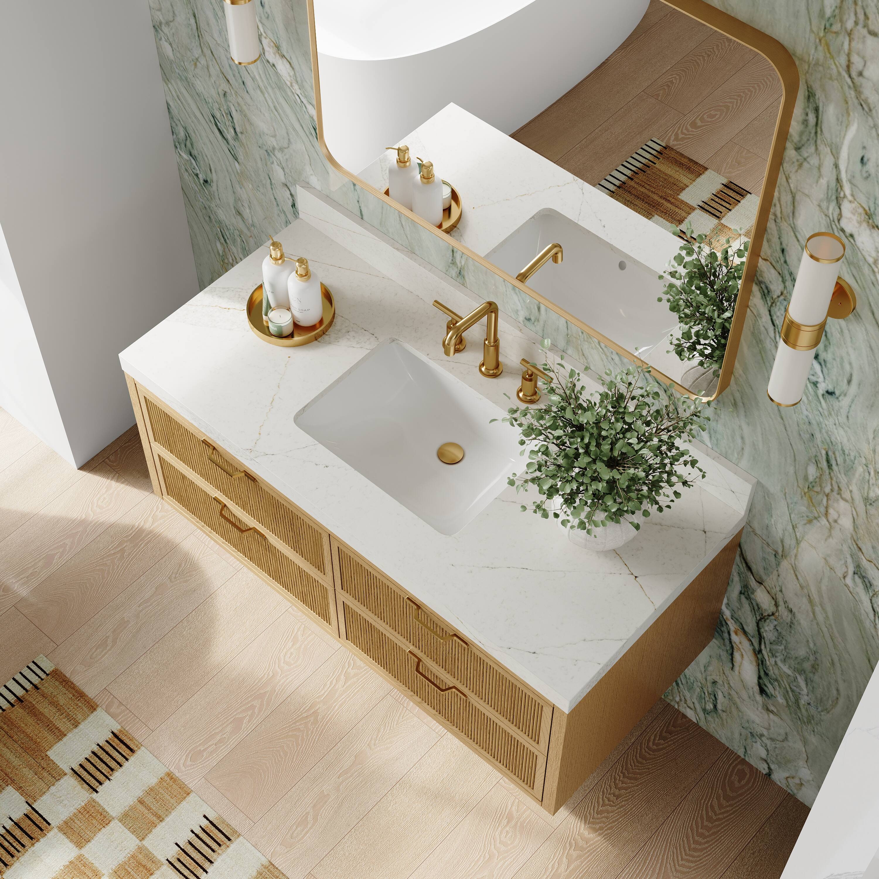 Angle. WELLFOR - LYNOAK 48 in. Wall-mount Solid Wood Bath Vanity with Quartz Top, Single Sink, Soft Close, Assembled - OAK.